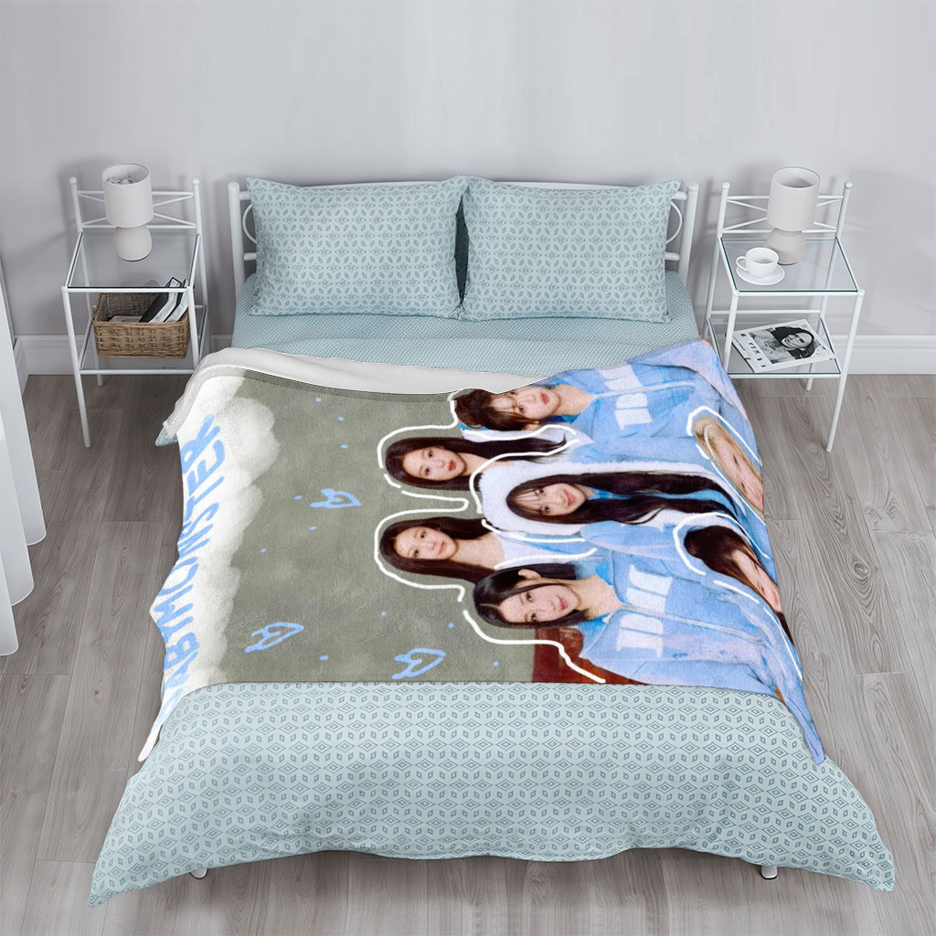 BABYMONSTER Group Photo in Matching Blue Hoodies with Cloud and Heart Design Background - Blankets