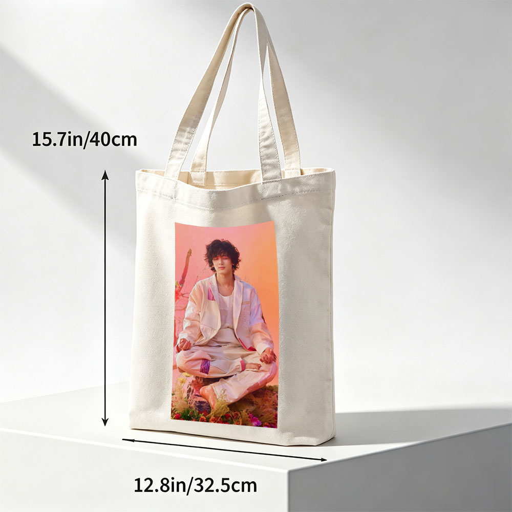 Takuya Kimura Meditating in a Serene Floral Garden with Soft Pink and Orange Background - Canvas tote bags