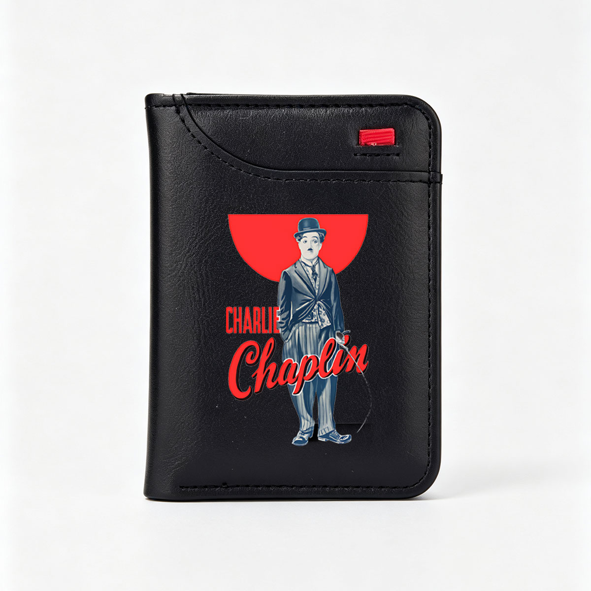 Charlie Chaplin in Classic Tramp Costume with Red Sun Background - Vertical Style Wallet