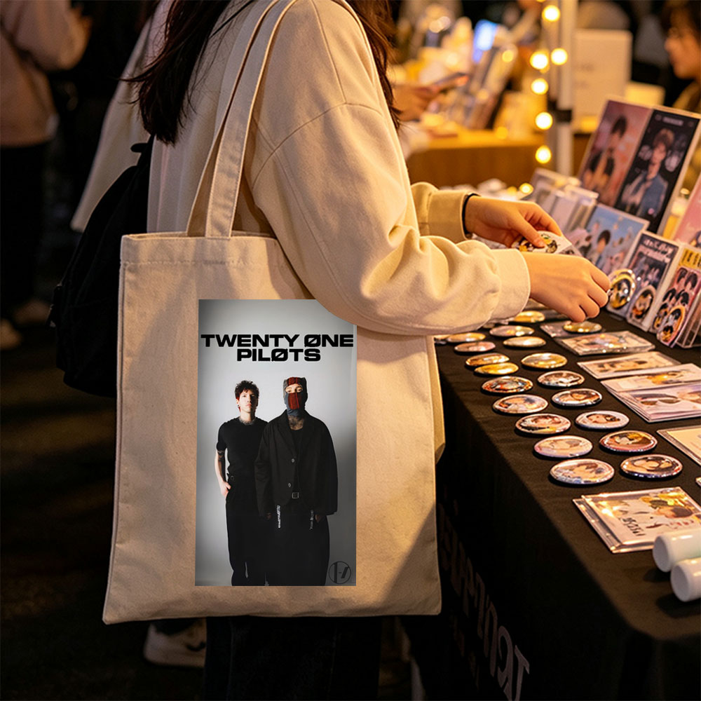 Twenty One Pilots Standing in Black Outfits with One Member Wearing a Mask and the Band Name Displayed Above Them - Canvas tote bags