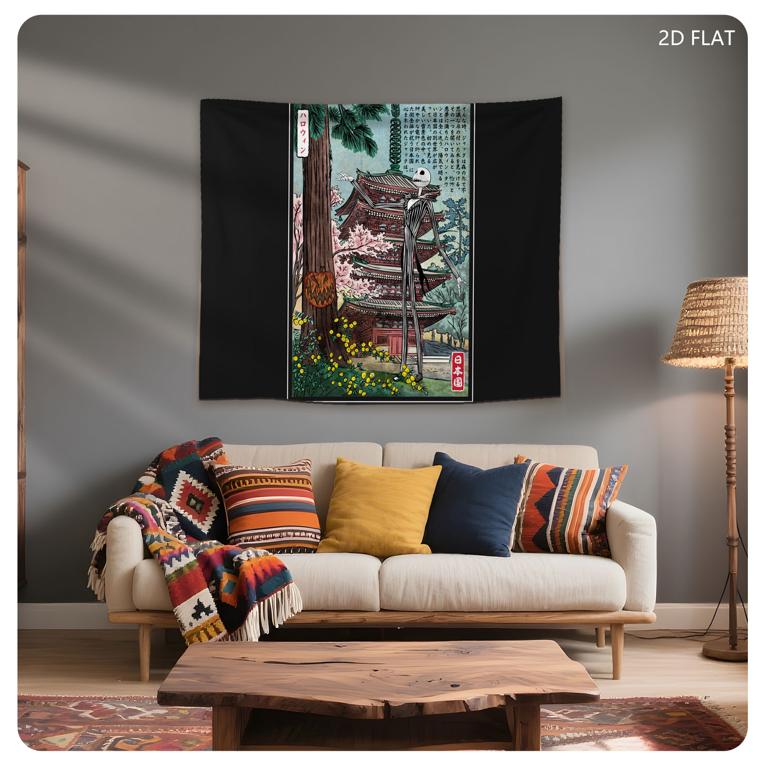 Jack Skellington in Japanese Garden with Pagoda and Pumpkin - Tapestry