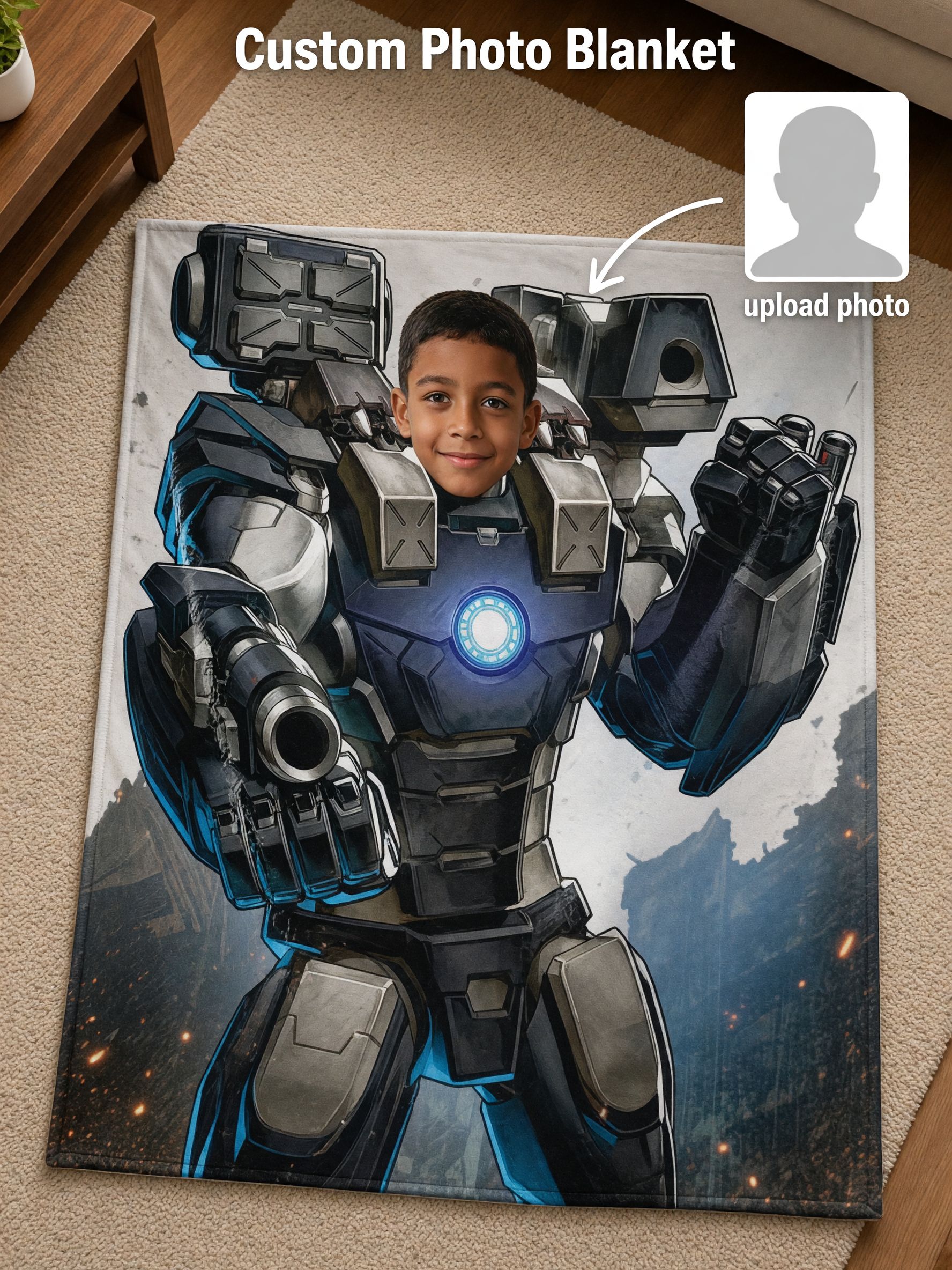 Personalized Photo Face Mech Armor Flannel Blanket Custom Superhero Throw Lightweight Ultra Soft Cozy Bed Couch Gift