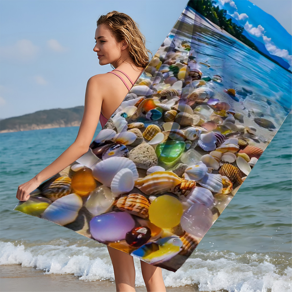 Colorful seashells on a tropical beach with clear blue water and sky. - Beach towels