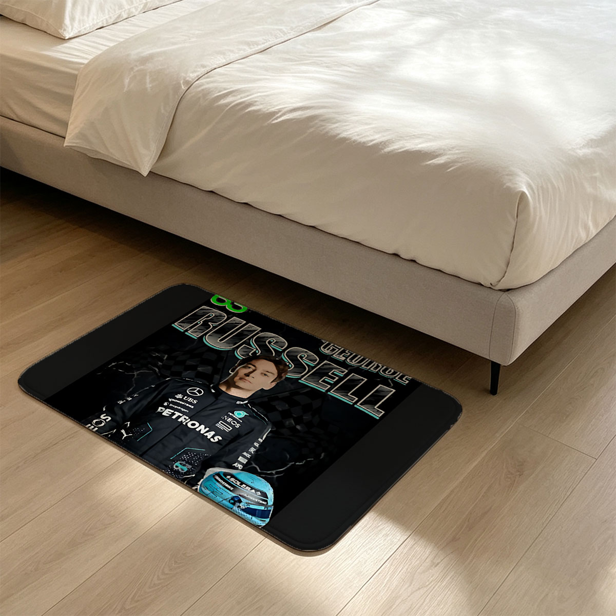 George Russell, Mercedes-AMG Petronas F1 Driver, Number 63, with Helmet and Racing Suit - Flannel floor mat