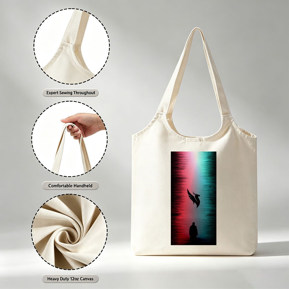 Linkin Park - Silhouette of a Man Standing Before a Winged Bird Symbol Against a Red and Blue Gradient Background - Canvas shoulder bags/