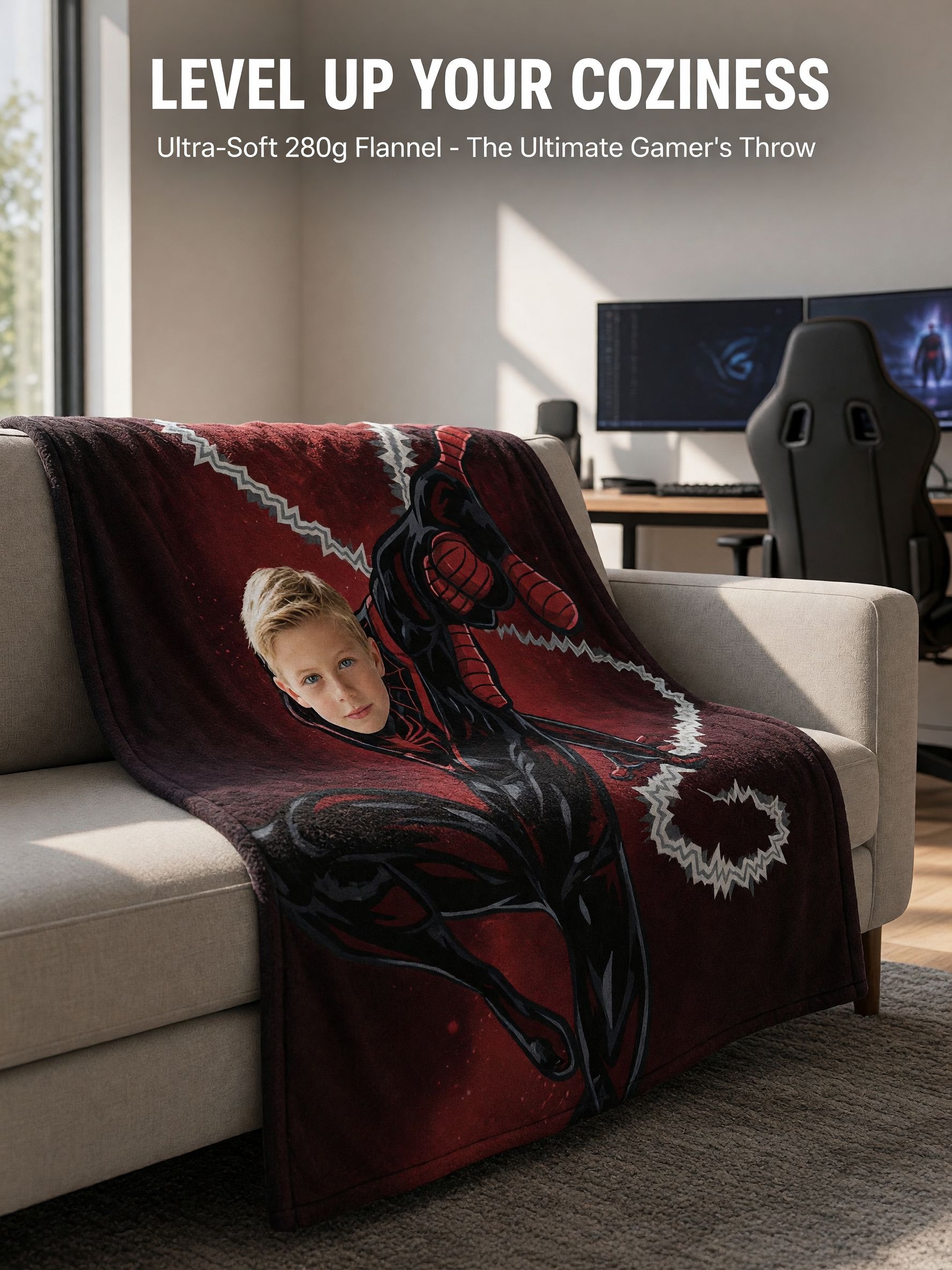 Custom Superhero Face Photo Blanket Personalized Ultra Soft Flannel Throw Cozy Gift for Kids