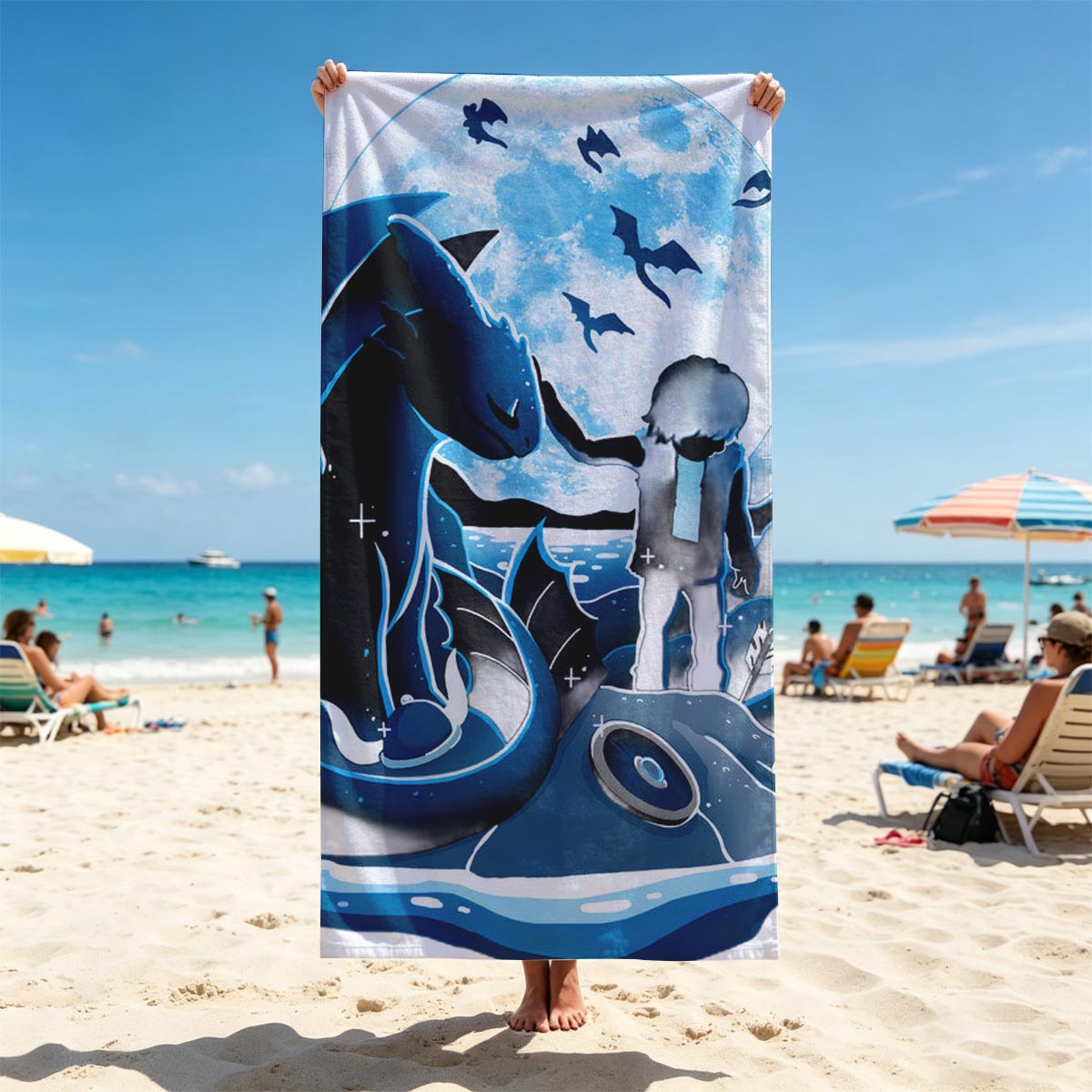 Boy and Dragon Under Moonlight - Beach towels