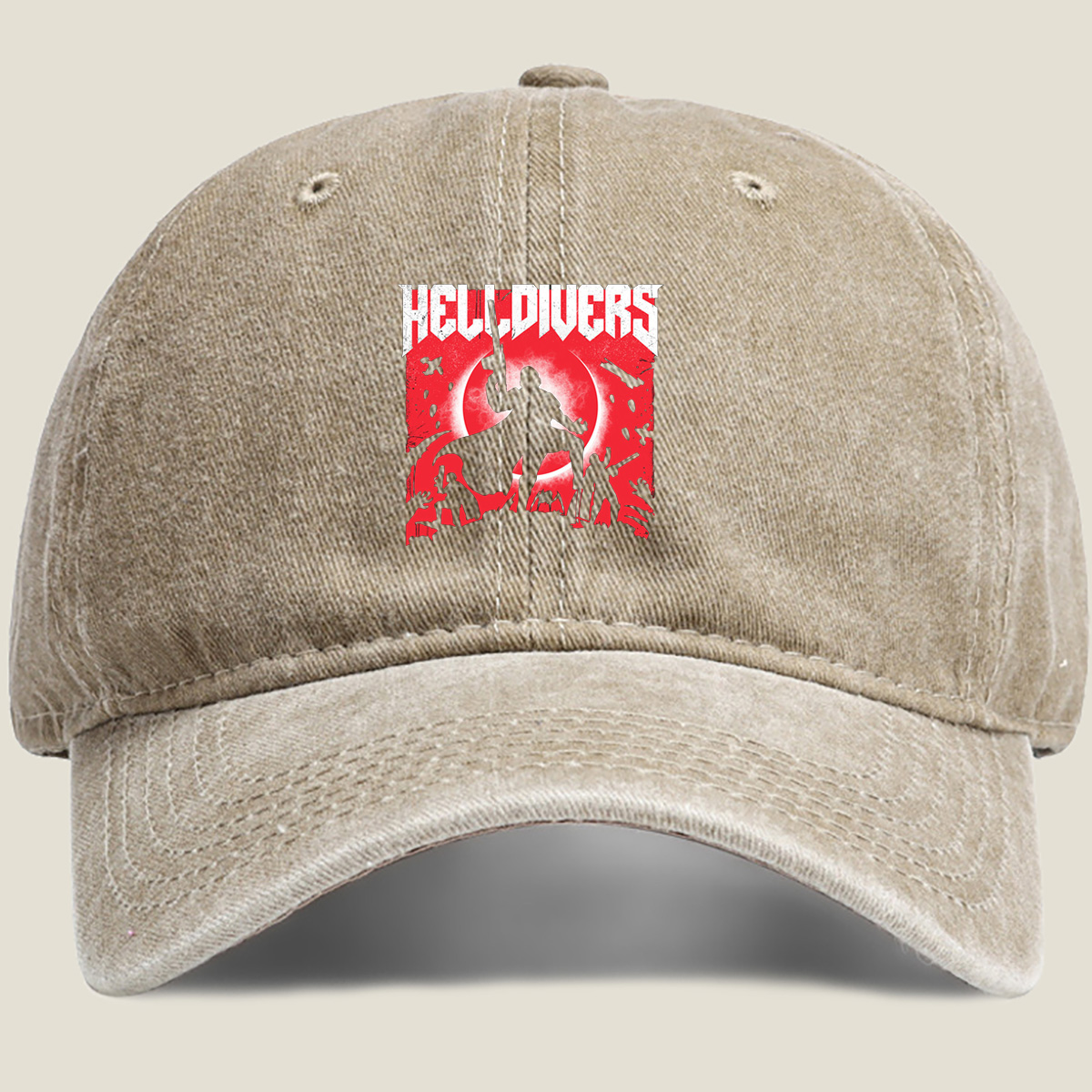 Helldivers: Silhouetted Warriors Against a Crimson Sky - Washed Denim - Baseball Cap