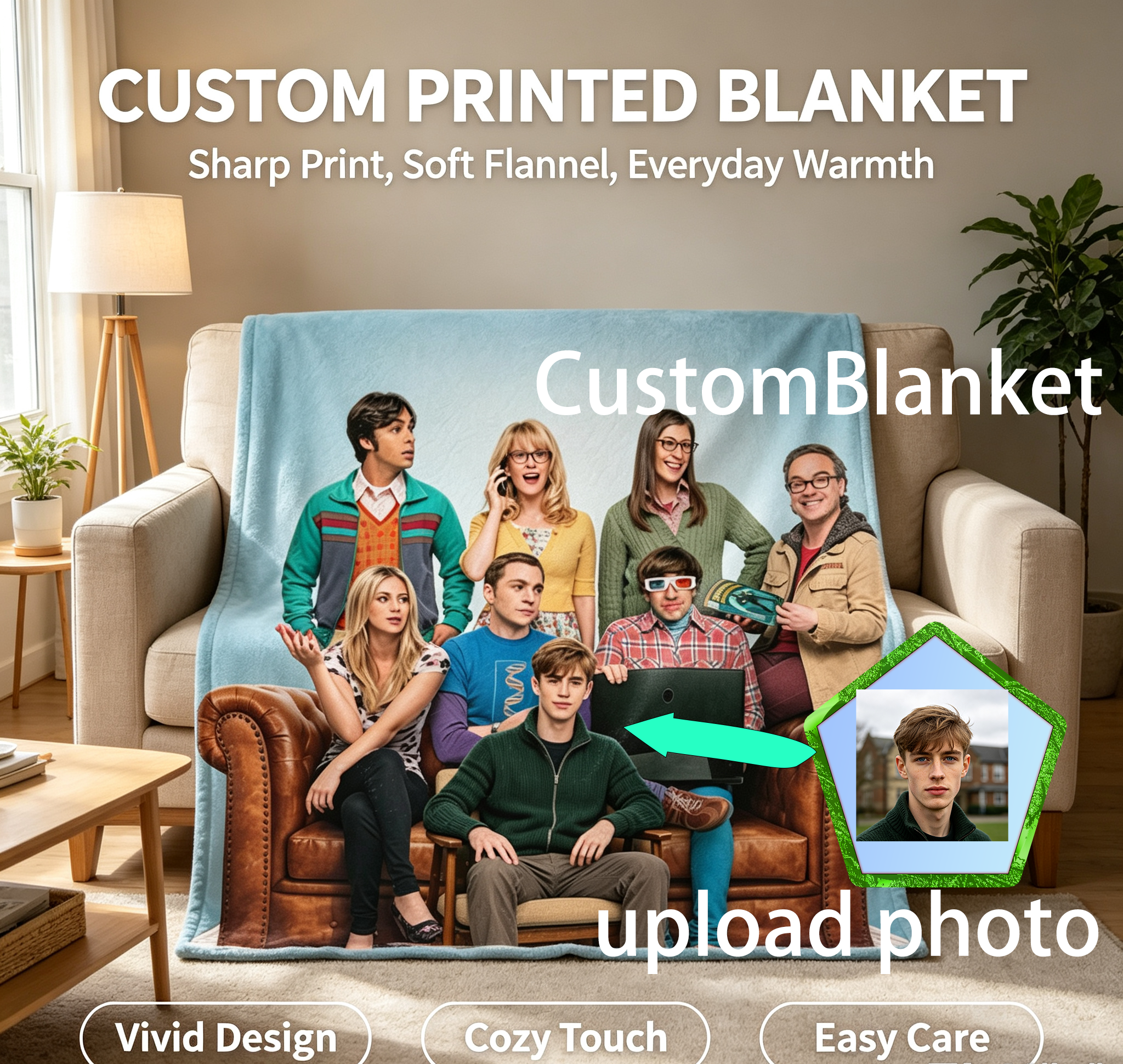Custom Face Blanket The Big Bang Theory Characters Flannel Blanket Cozy Living Room Gift for Fans and TV Show Lovers
