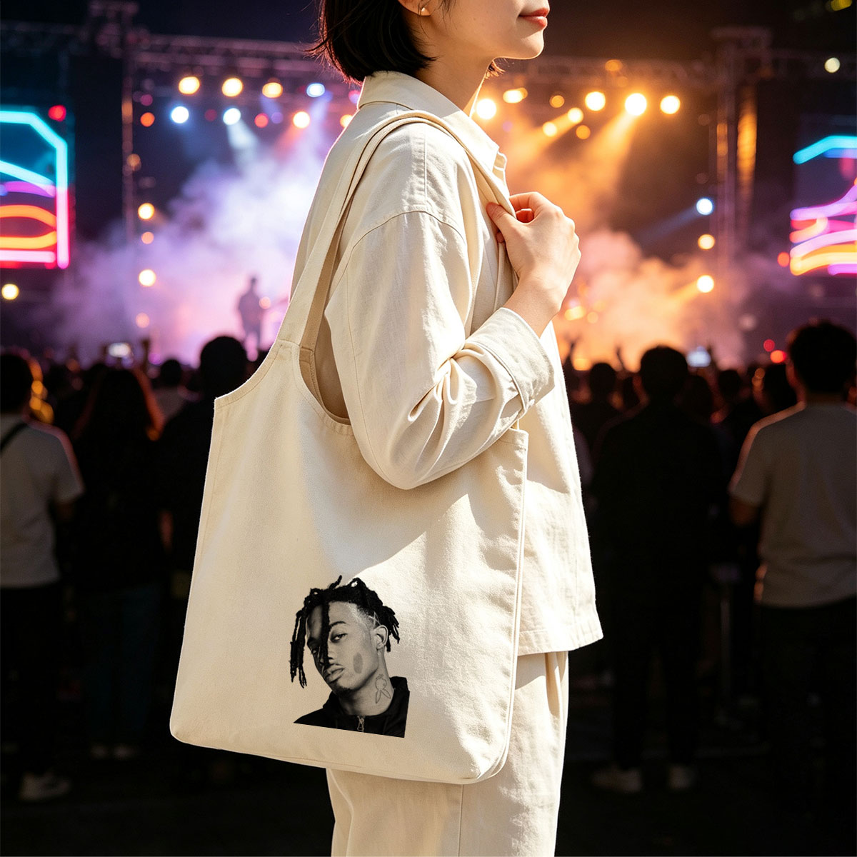 XXXTentacion in a striking black and white portrait with dreadlocks and neck tattoo, captured in a contemplative side profile. - Canvas shoulder bags/