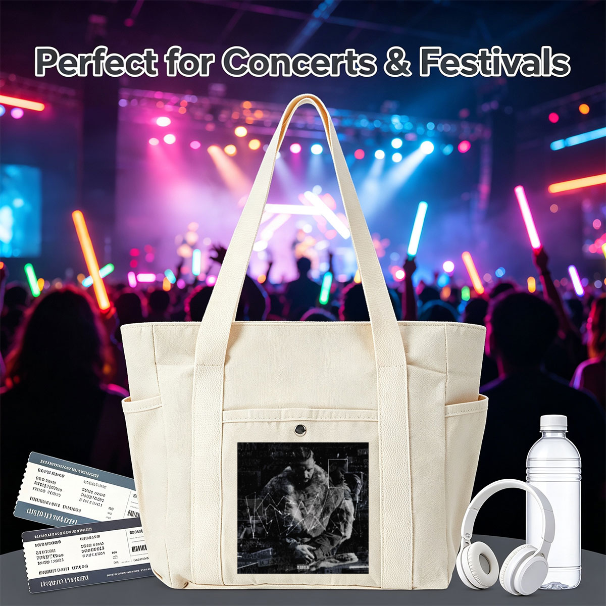 Kendrick Lamar in a fur-lined coat with geometric overlays and collage elements on a dark, textured background - Multi-pocket bags