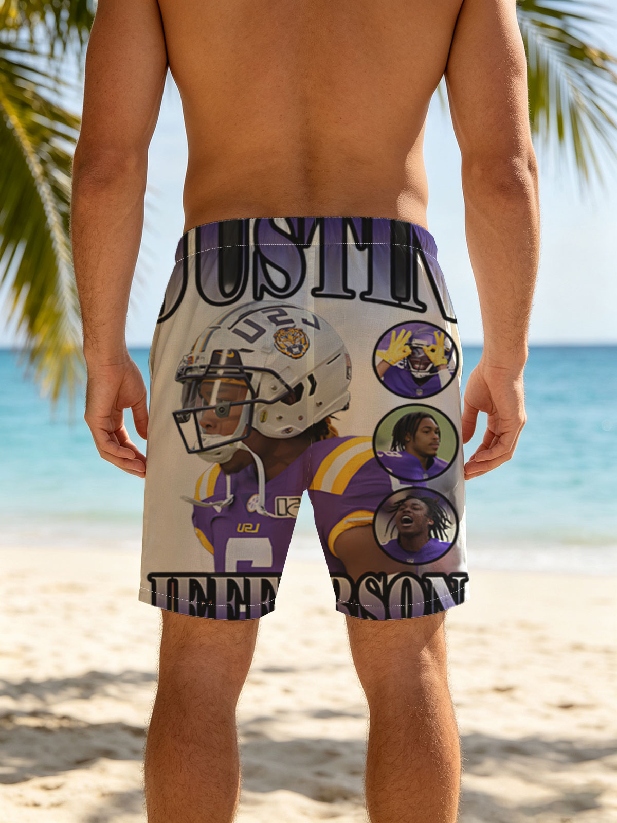 Justin Jefferson LSU Football Player Highlight Collage -  Beach shorts