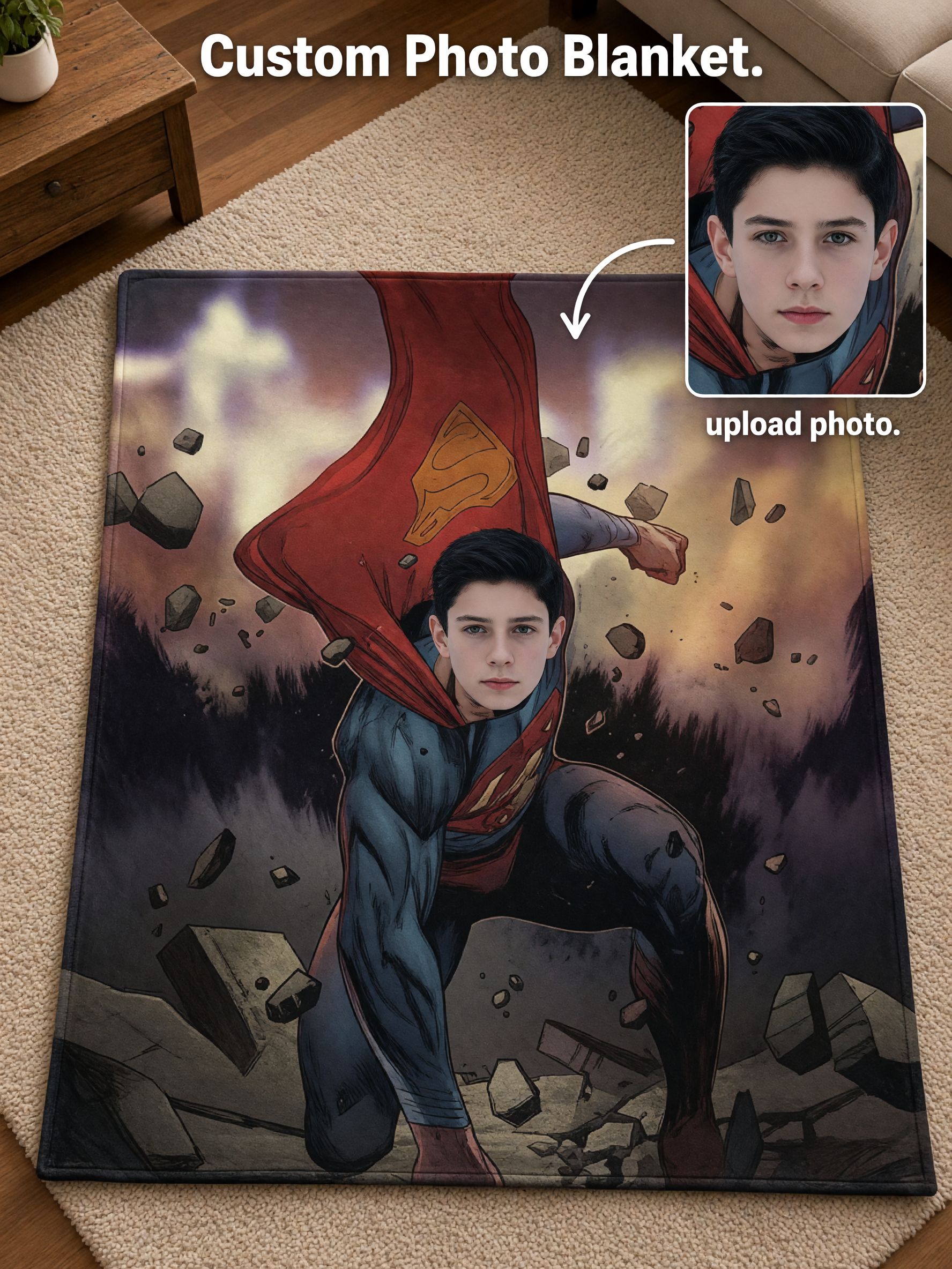 Custom Face Superhero Flannel Blanket, Personalized Photo Comic Hero Throw, Cozy Plush Gift for Bed Sofa