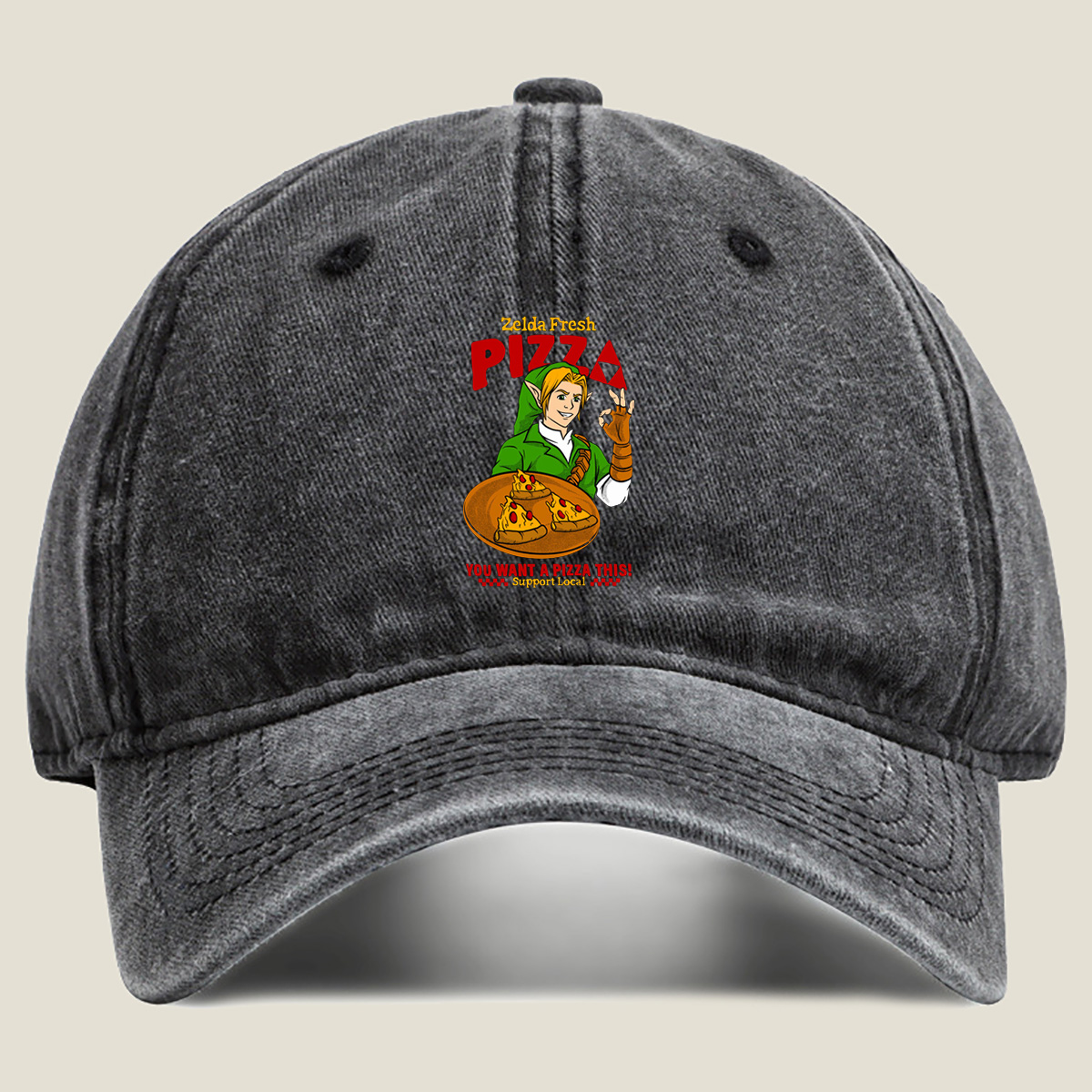 Zelda Fresh Pizza: Link Serves Pizza with a Smile - Washed Denim - Baseball Cap