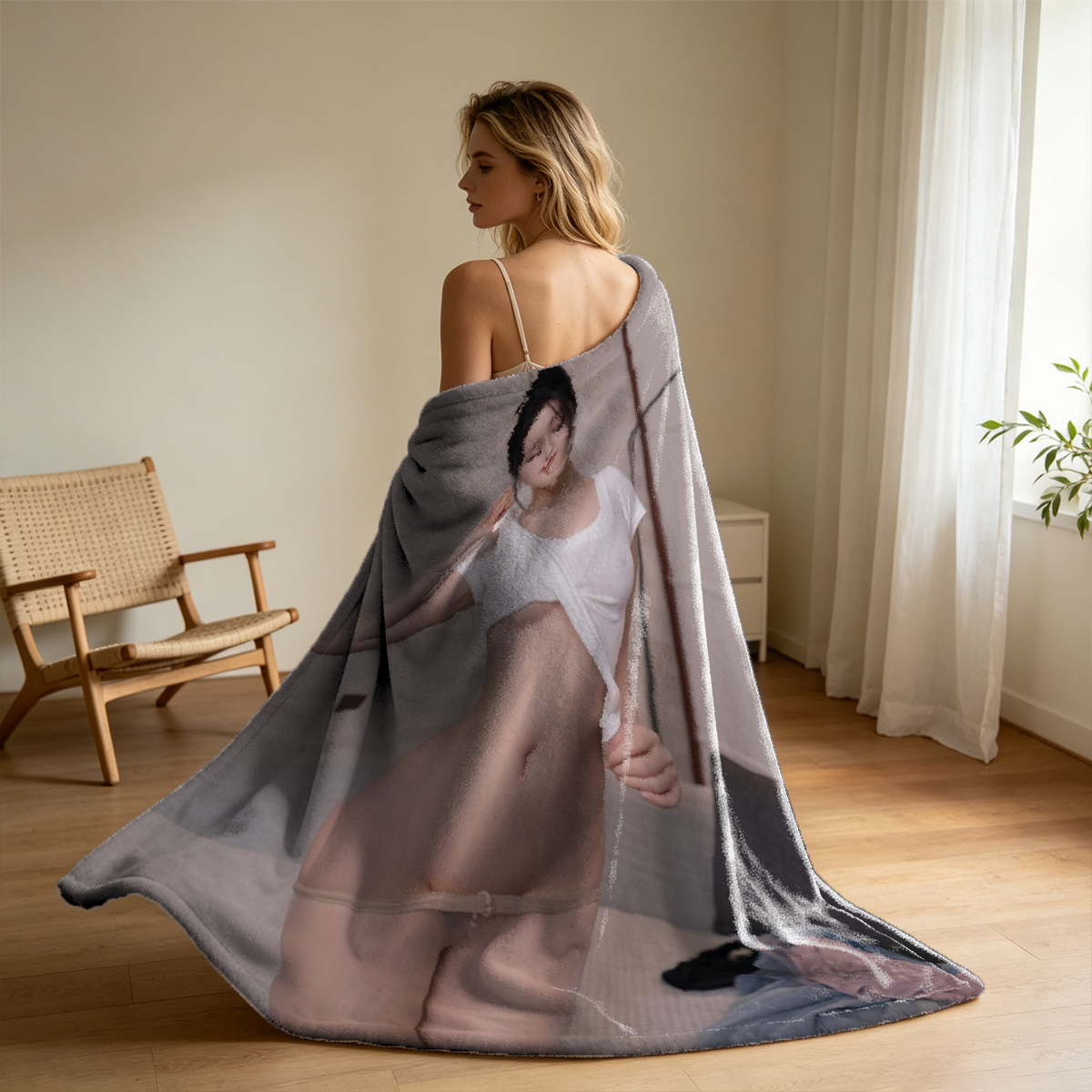 Wet White Sheer Dress in Wooden Onsen Bath - Blanket