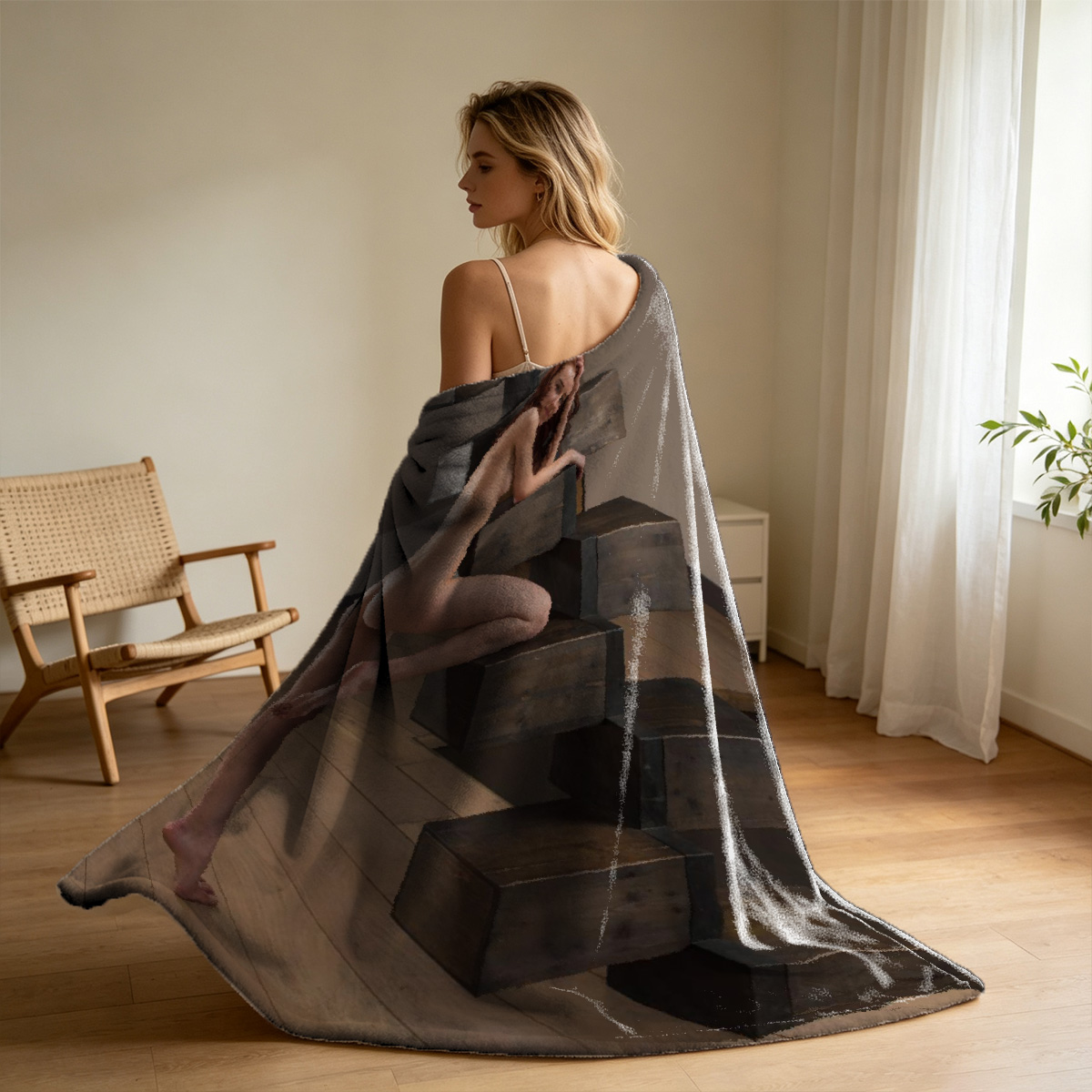 Nude woman with back tattoo stretching on couch - Blanket