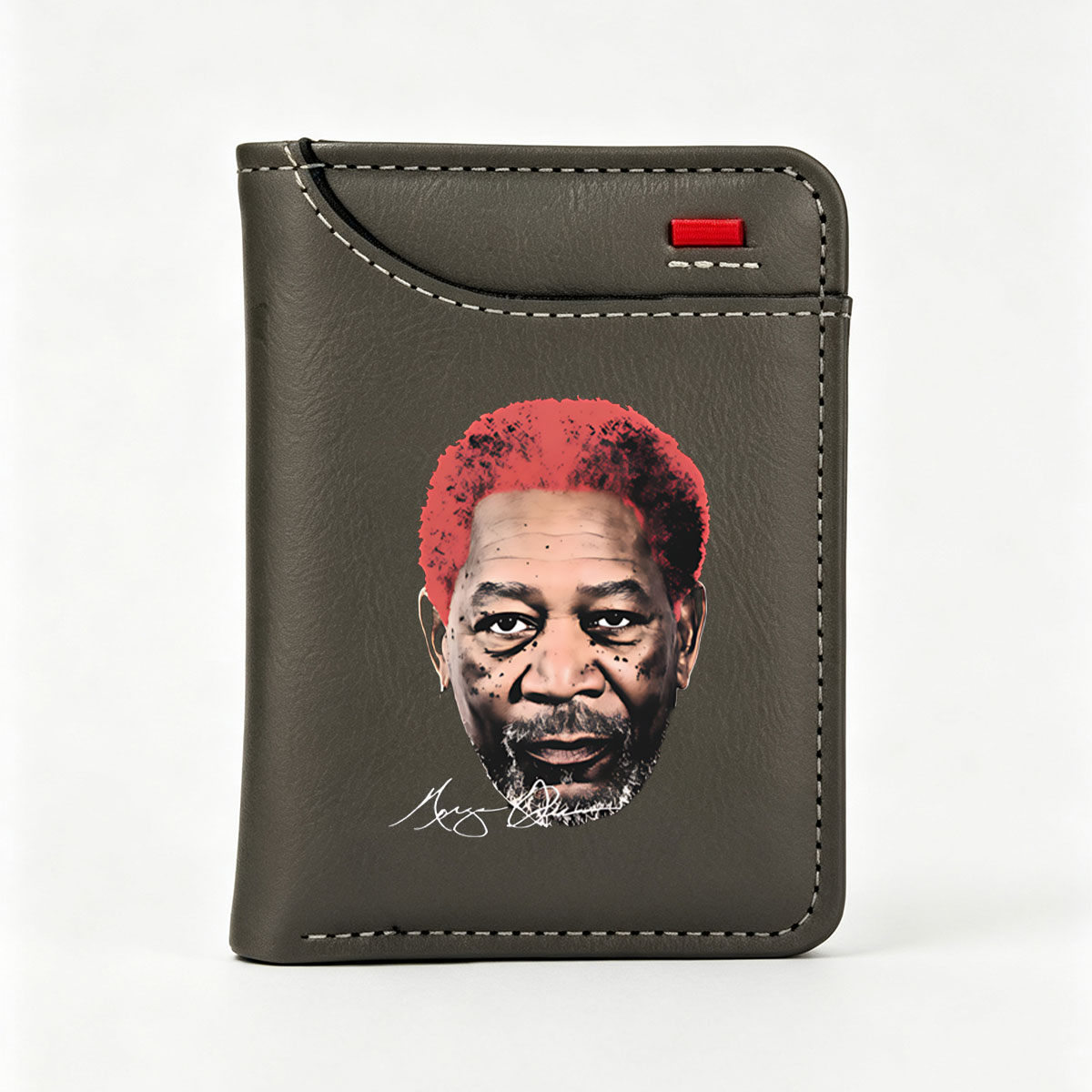 Morgan Freeman Portrait with Red Hair and Signature - Vertical Style Wallet