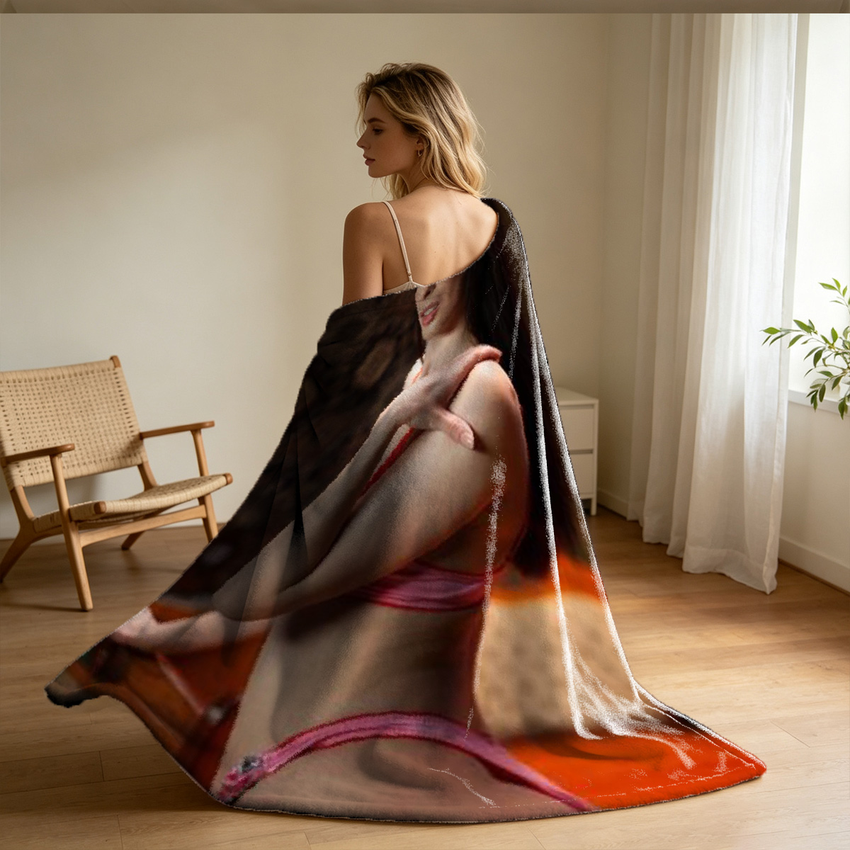 A woman in a striped shirt and high heels posing seductively in a living room. - Blanket