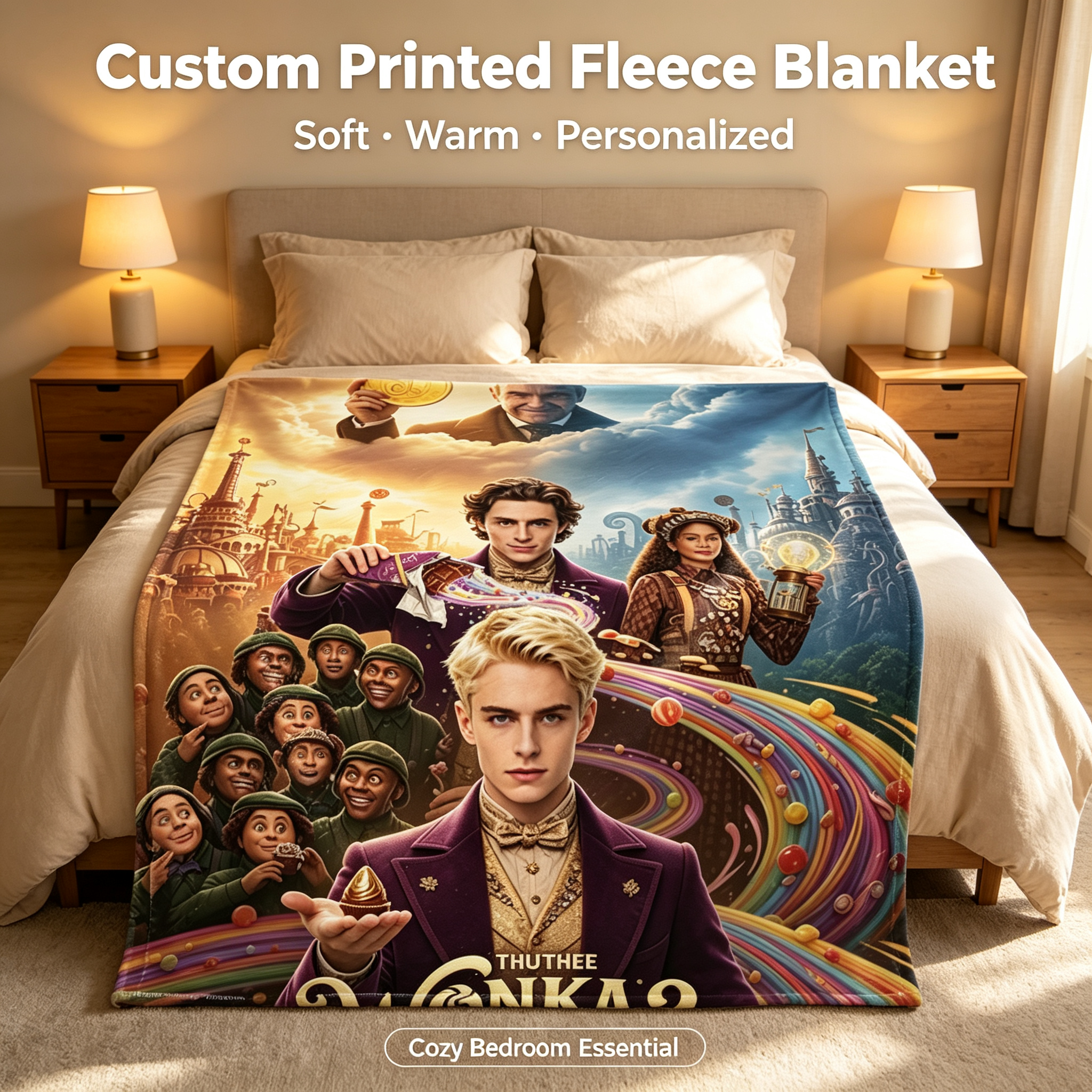 Custom Face Blanket Wonka 2 The Chocolate Empire Flannel Blanket Movie Themed Gift for Fans and Collectors
