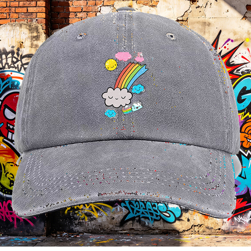 Men's Printed Washed Cap with Rainbow Clouds and Sparkle Sun Design - Casual Round Brim Summer Lightweight Hat for Outdoor Activities, Travel, and Daily Wear - Perfect for Young Adults and Trendy Urban Stylists