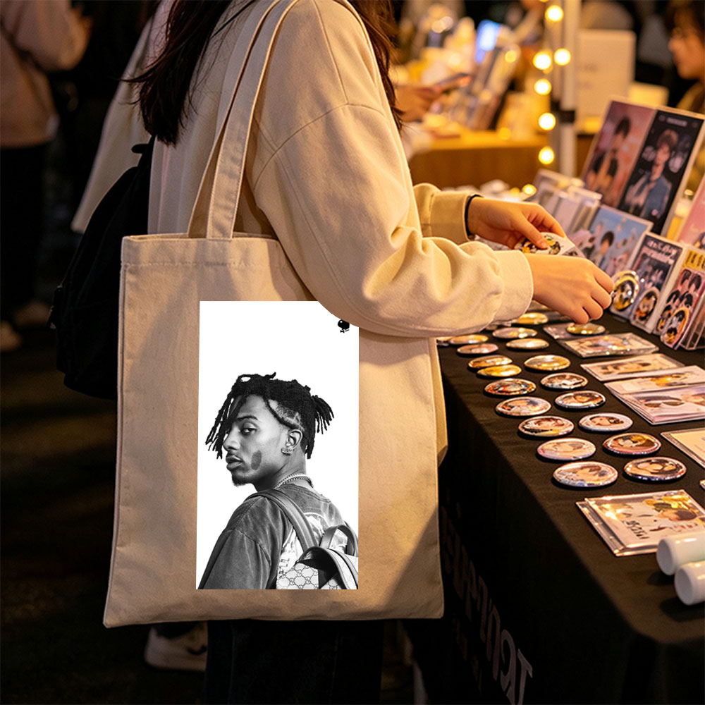 Lil Durk in a Side Profile Pose with Dreads and Gucci Backpack in Black and White Photo - Canvas tote bags