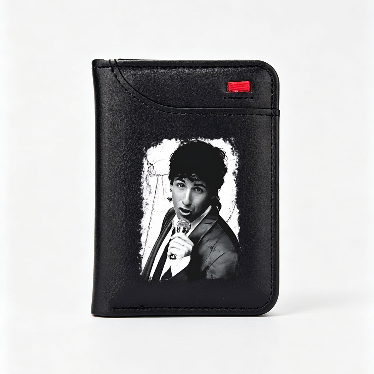 Adam Sandler performing with a microphone, black and white portrait - Vertical Style Wallet