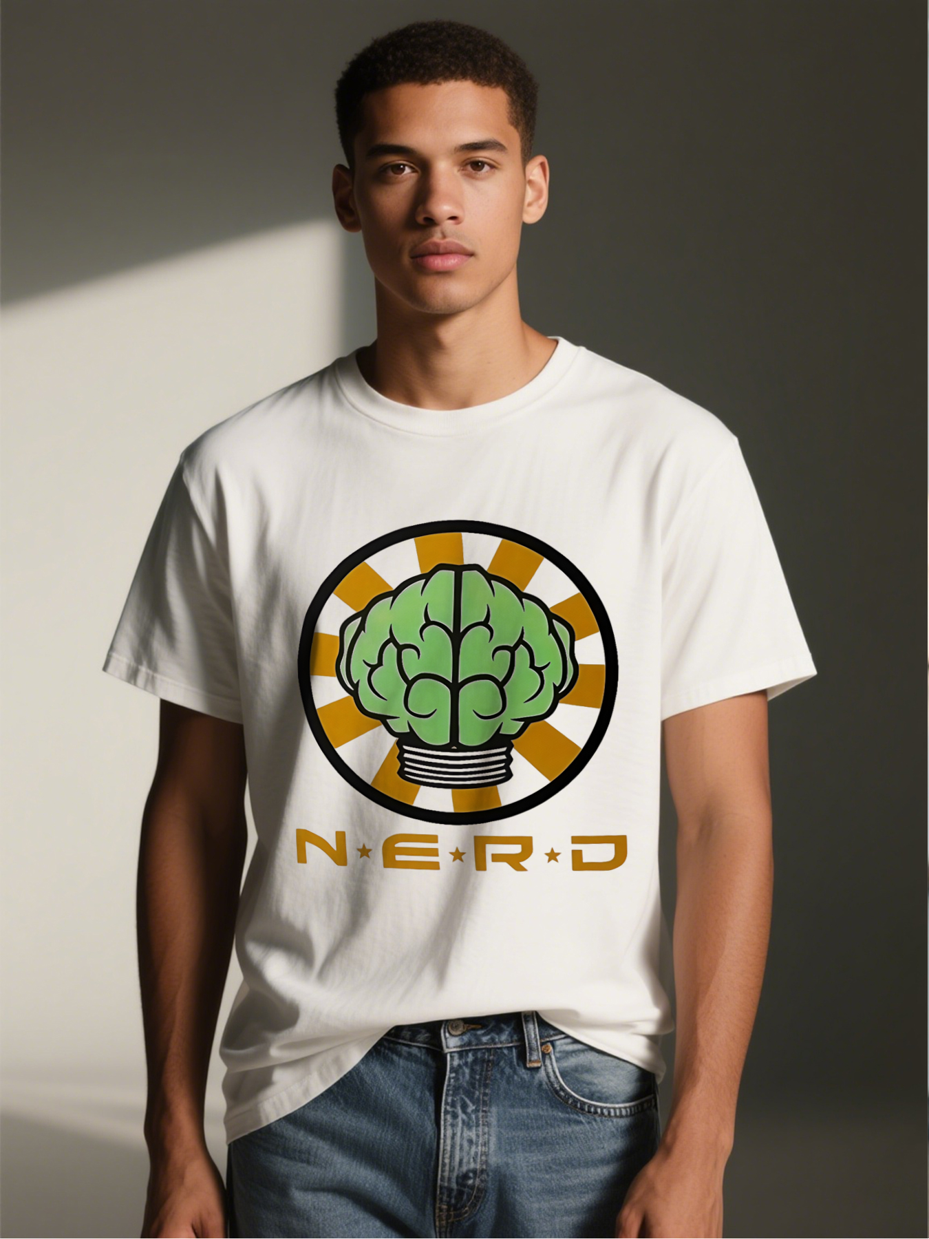 Men's Printed T-Shirt Brain Light Bulb NERD Design Casual Round Neck Summer Lightweight Breathable Short Sleeve T-Shirt for Geeks Tech Lovers Students and Nerds