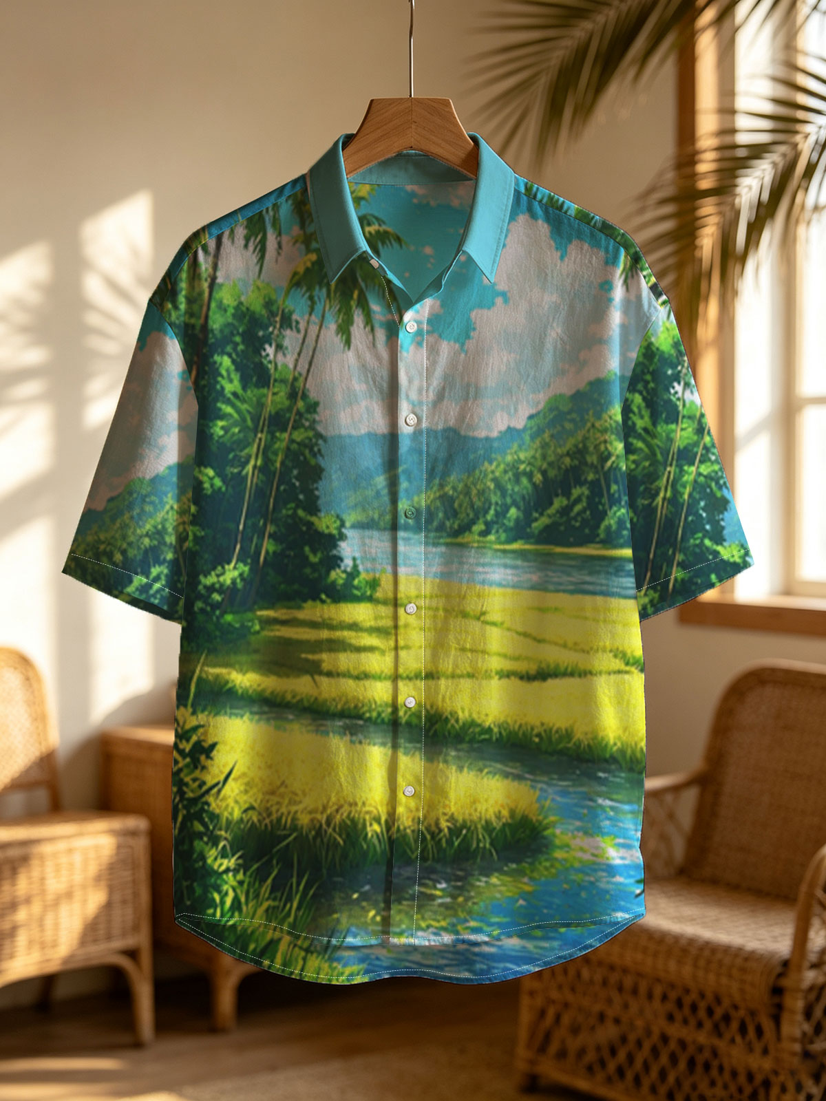 Tropical River Landscape with Lush Greenery and Palm Trees -  Shirt
