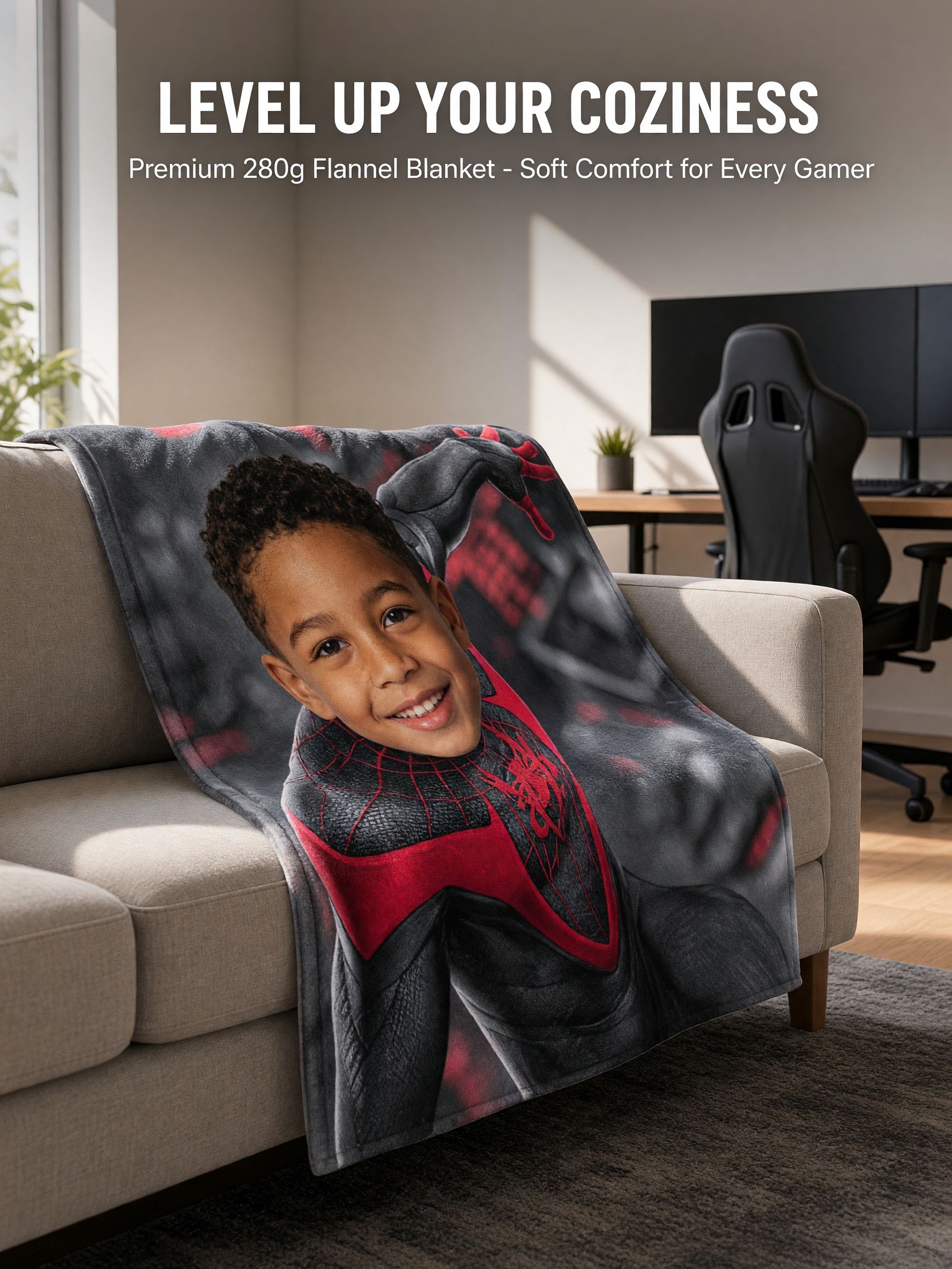 Custom Face Flannel Blanket with Red and Black Superhero Suit Design Soft Cozy Personalized Photo Throw Gift for Boys
