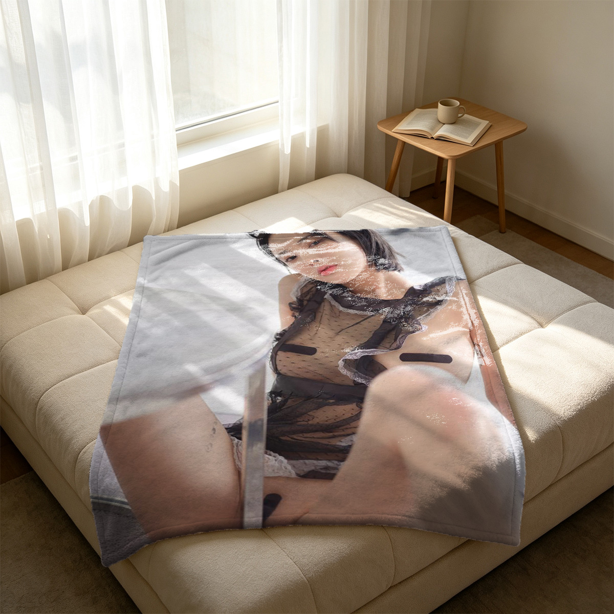 Japanese Maid in Black Lingerie and Fishnet Stockings - Blanket