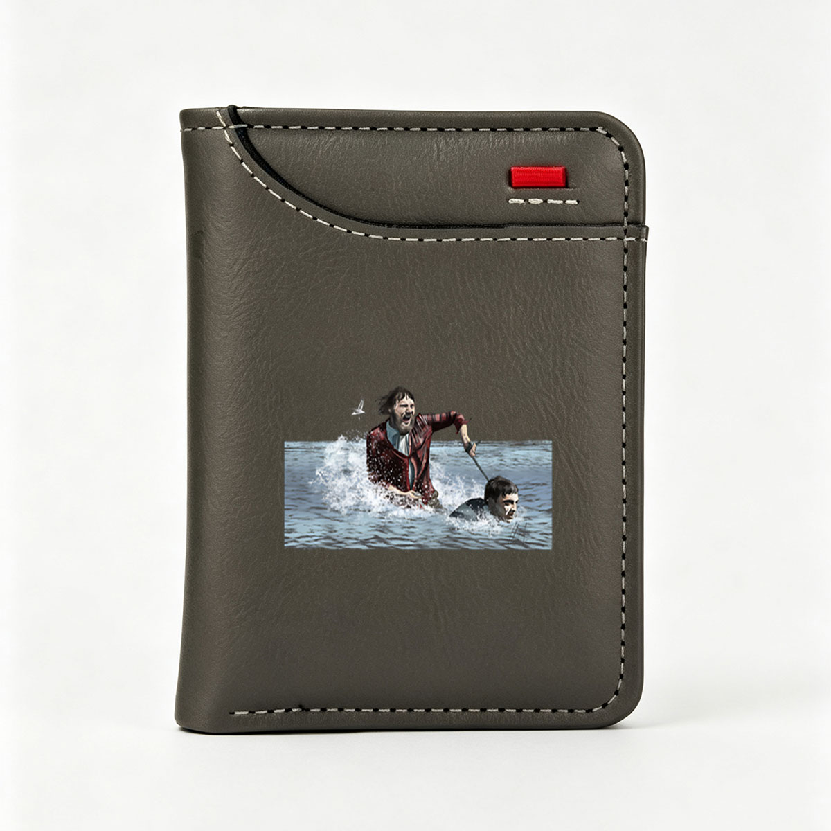 Man in Red Coat Pulls Drowning Man from Water with Stick - Vertical Style Wallet