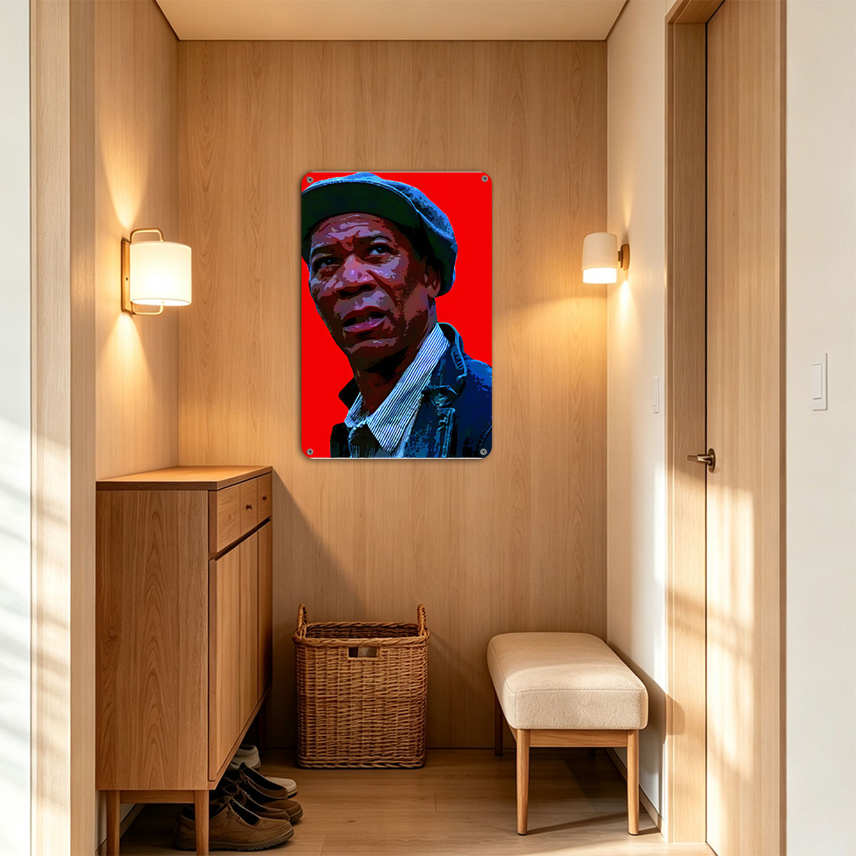 Morgan Freeman in a blue cap and jacket against a red background - painting