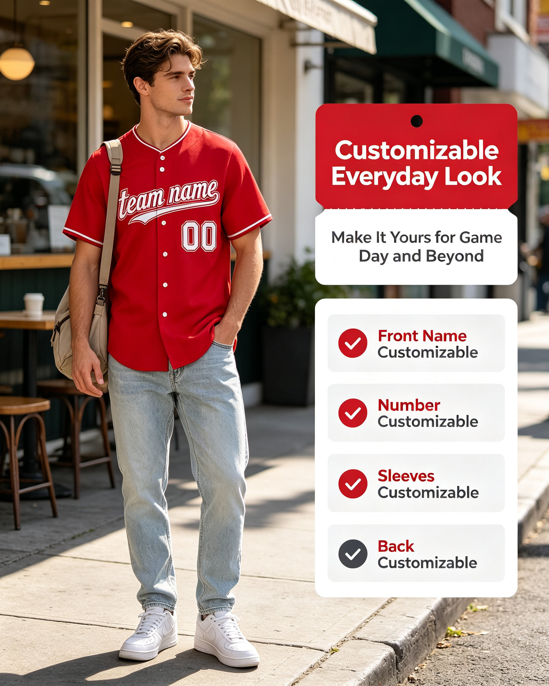 Custom Printed California Halo Style Baseball Jersey Scarlet Red White Trim Button Down Shirt for Men and Women