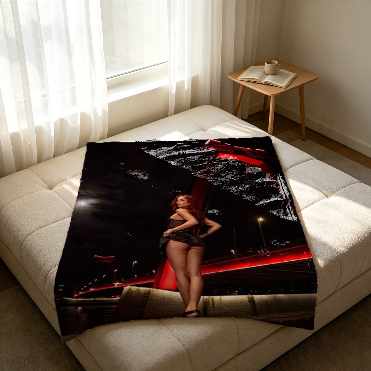 Korean beauty in beige lace thong kneeling on wooden floor, back view. - Blanket