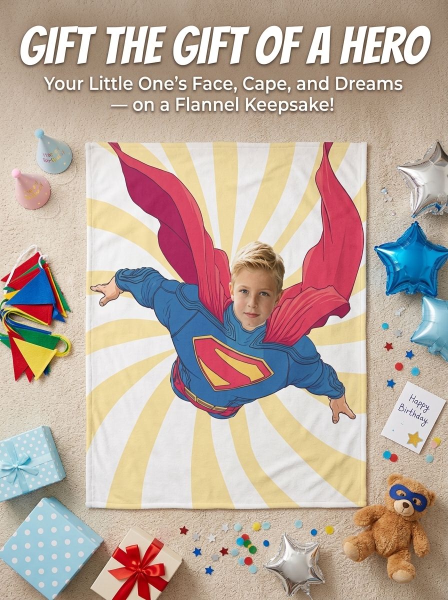 Custom Photo Superhero Blanket Personalized Face Flannel Fleece Throw Cozy Gift for Kids and Adults