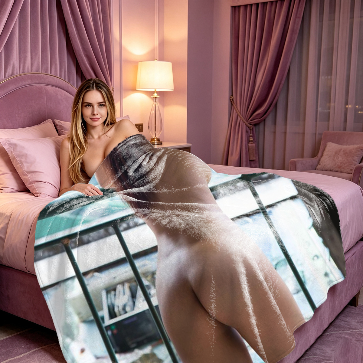Emma Watson in black lace lingerie on bed with whip - Blanket