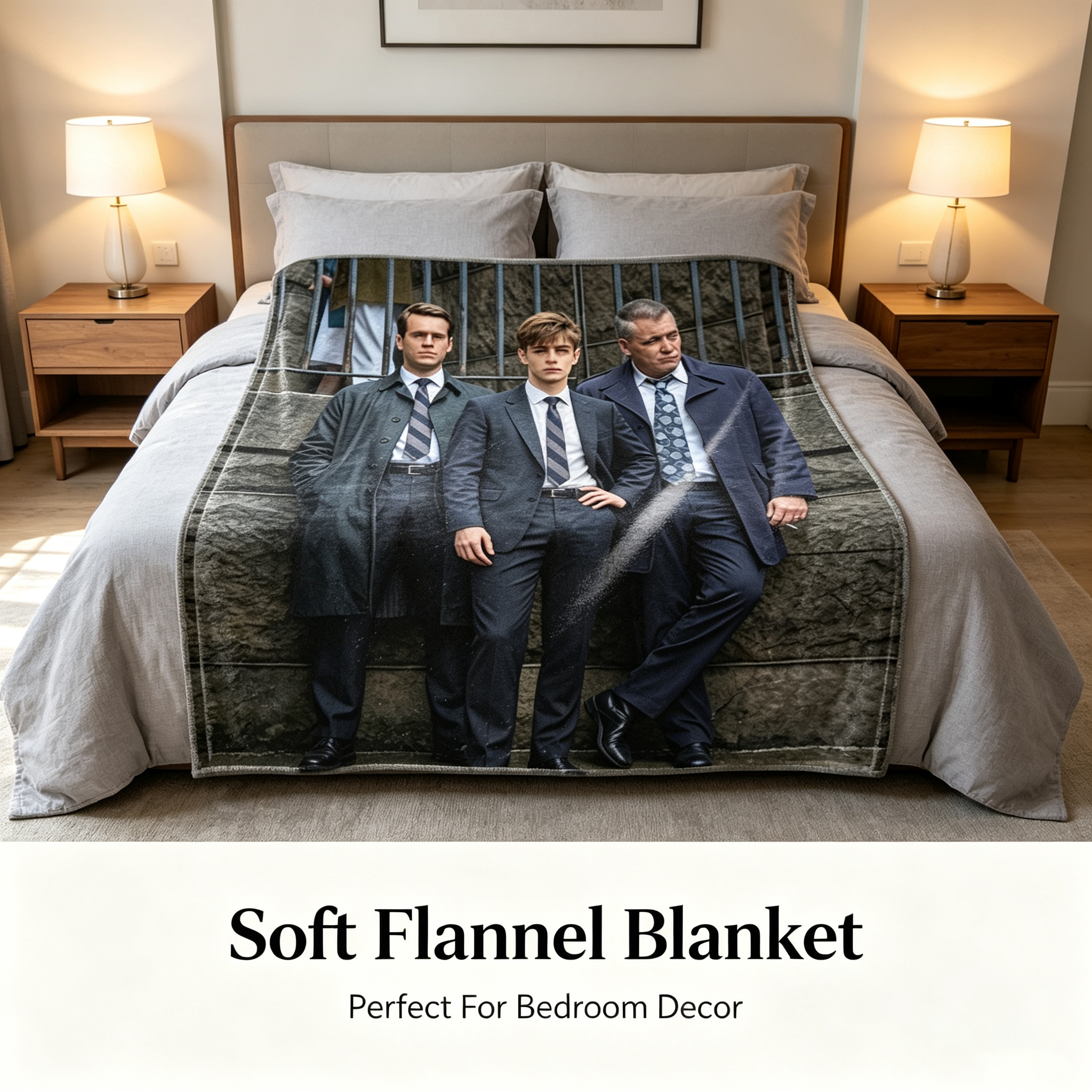 Custom Face Blanket Featuring Three Men in Suits Standing Against Stone Wall Flannel Blanket Perfect for Home Decor or Cozy Nights Gift Idea for Fans of Classic Style and Drama Series