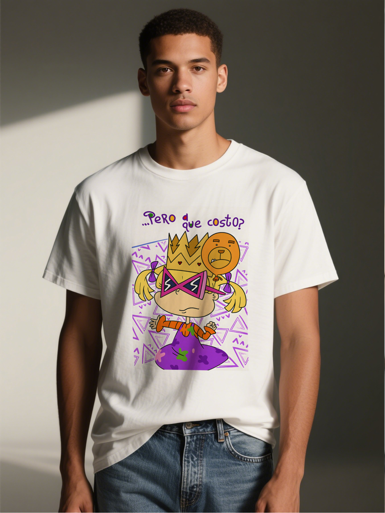 Men's Printed T-Shirt Featuring Cartoon Girl with Crown and Lion Balloon, 