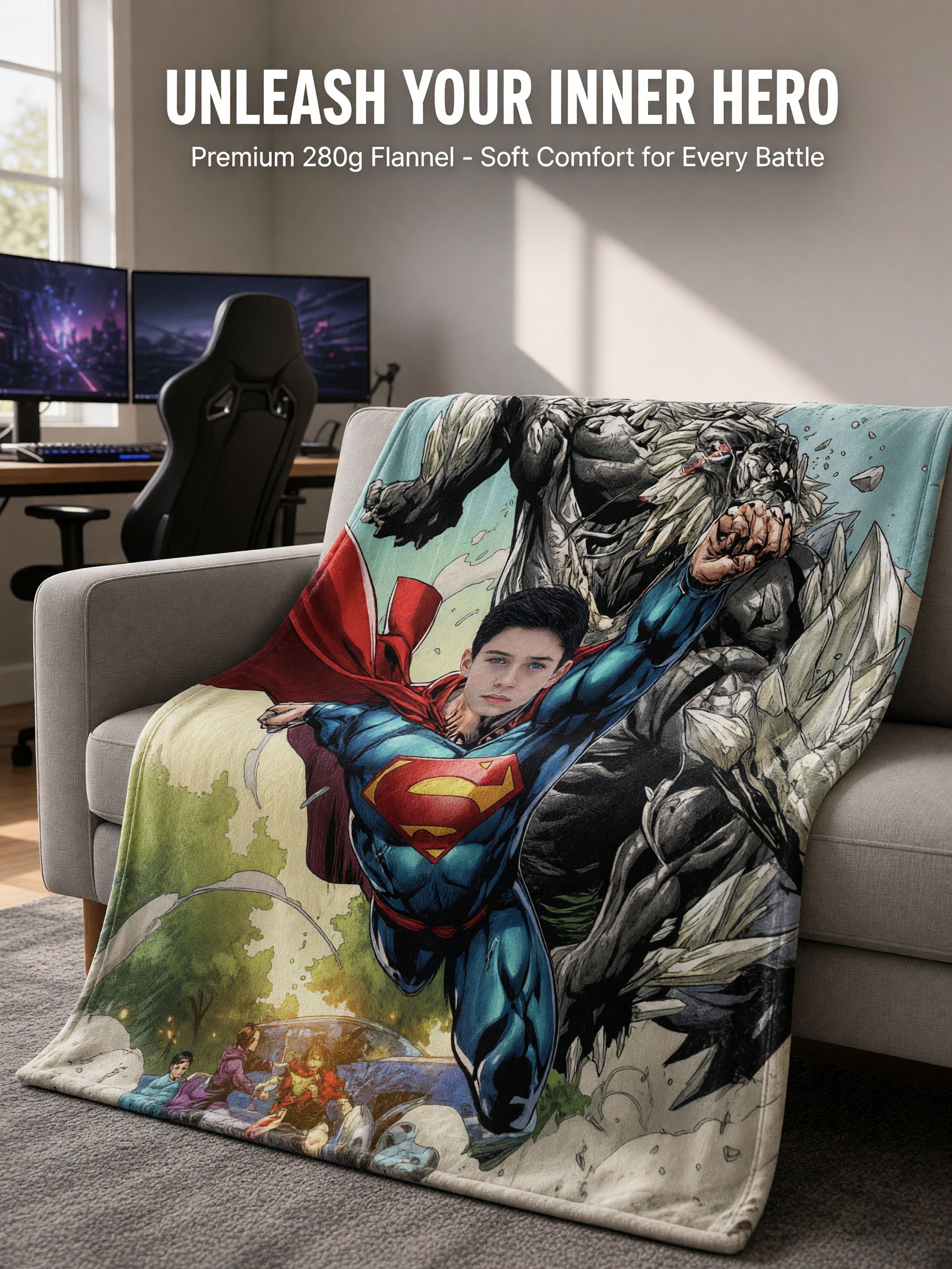 Custom Face Superhero Flannel Blanket, Personalized Comic Photo Throw for Bed Couch, Cozy Soft Fleece Gift