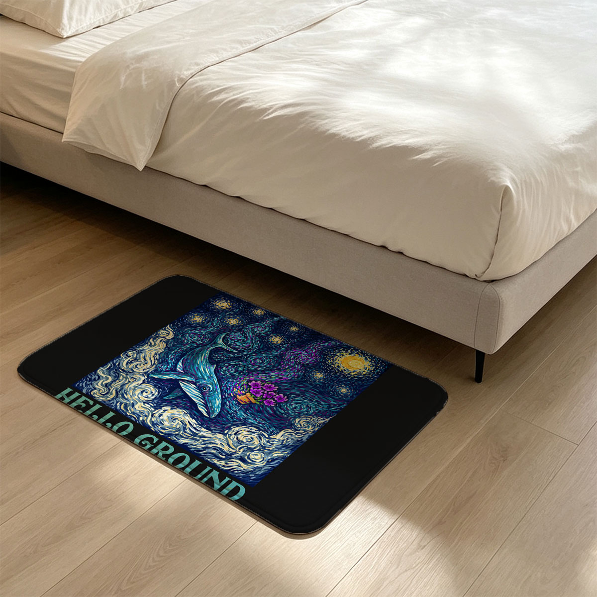 Whale in Starry Night Sky with Purple Flowers and 