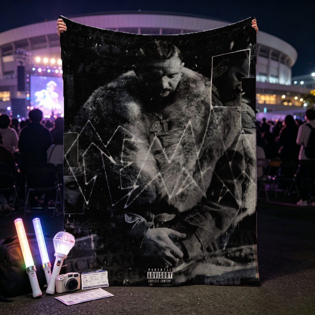 Kendrick Lamar in a fur-lined coat with geometric overlays and collage elements on a dark, textured background - Blankets