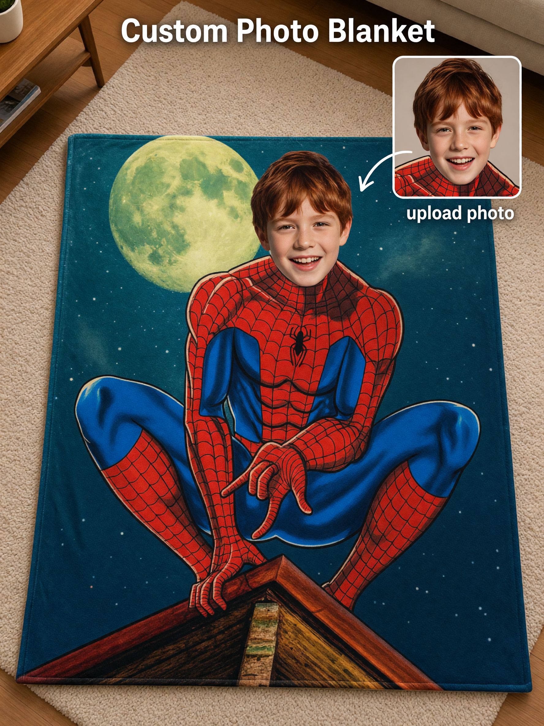 Custom Face Photo Superhero Flannel Fleece Blanket Skin Friendly Throw Ideal Personalized Gift for Bed and Sofa