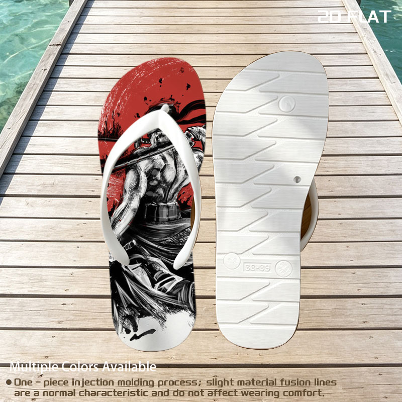 Samurai Warrior with Three Swords Against Red Sun Background -  flip-flops