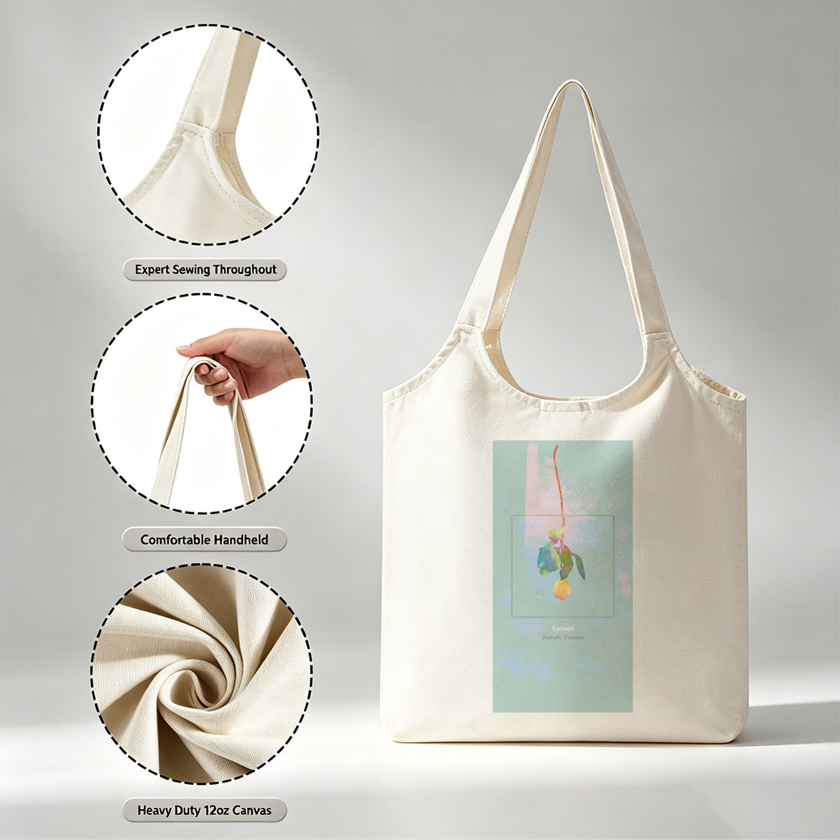 Kenshi Yonezu Lemon Watercolor Artwork with Hanging Fruit and Leaves - Canvas shoulder bags/