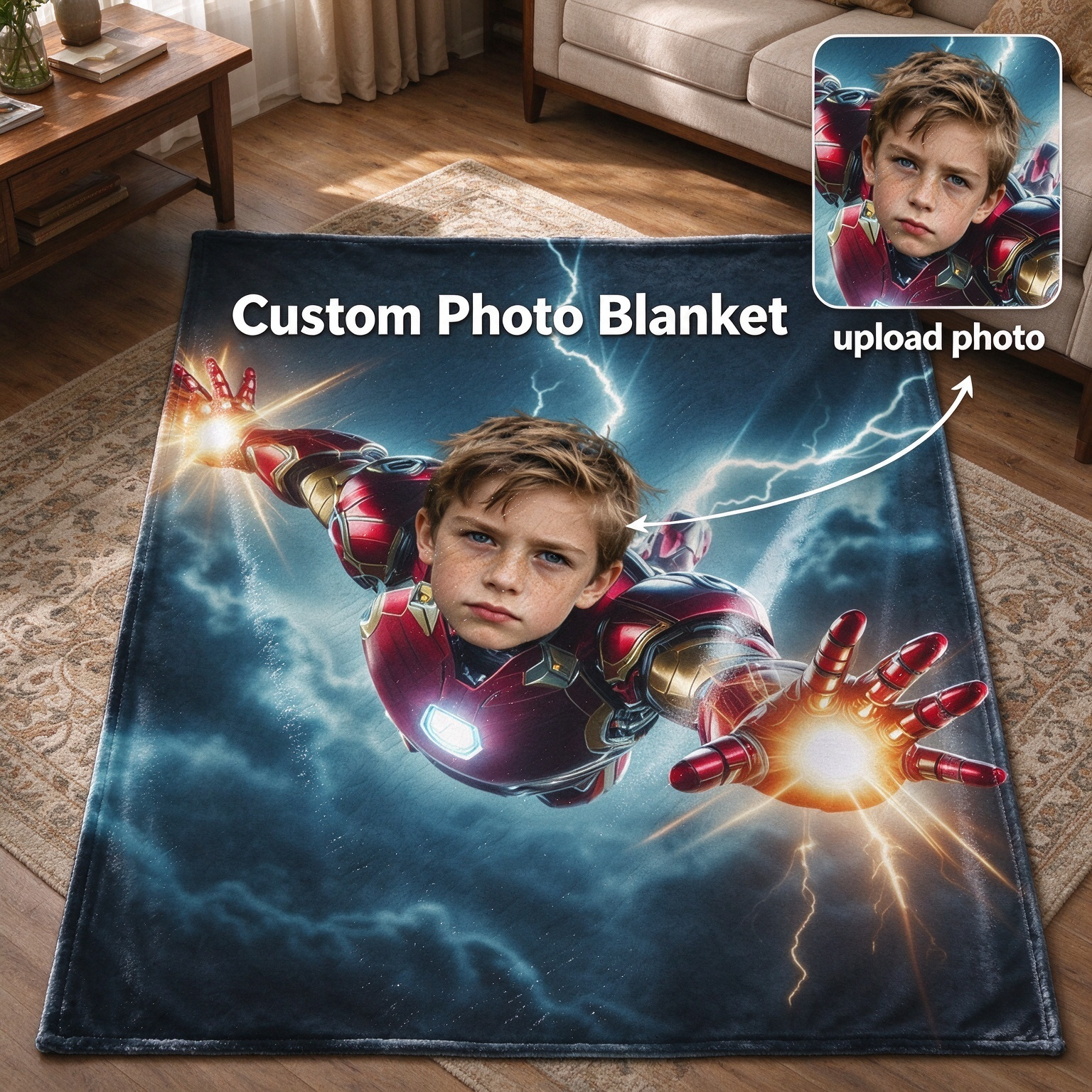 Custom Superhero Face Blanket, Personalized Photo Flannel Throw for Kids and Adults, Cozy Bed and Sofa Gift
