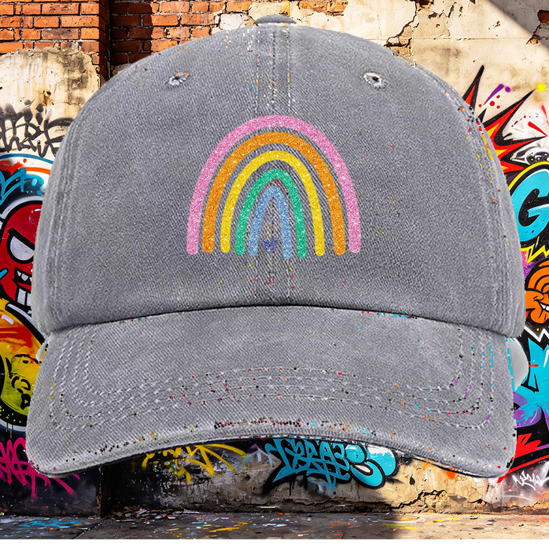 Men's Printed Washed Cap with Glitter Rainbow Heart Design - Casual Round Brim Summer Lightweight Cotton Hat for Outdoor Activities, Beach, Travel - Ideal for Young Adults and Trendy Men