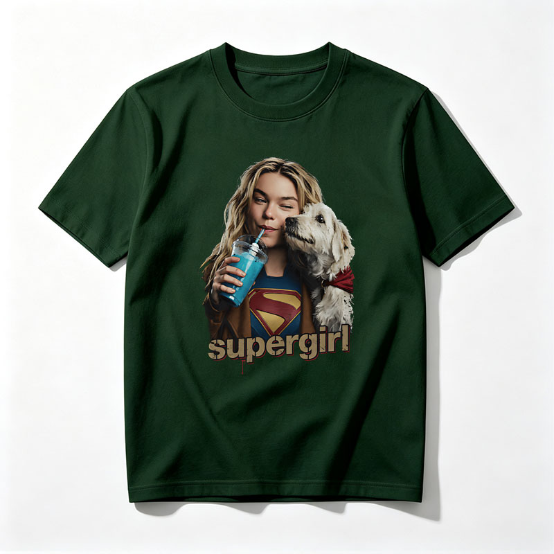 Supergirl with Dog and Blue Drink - Tee