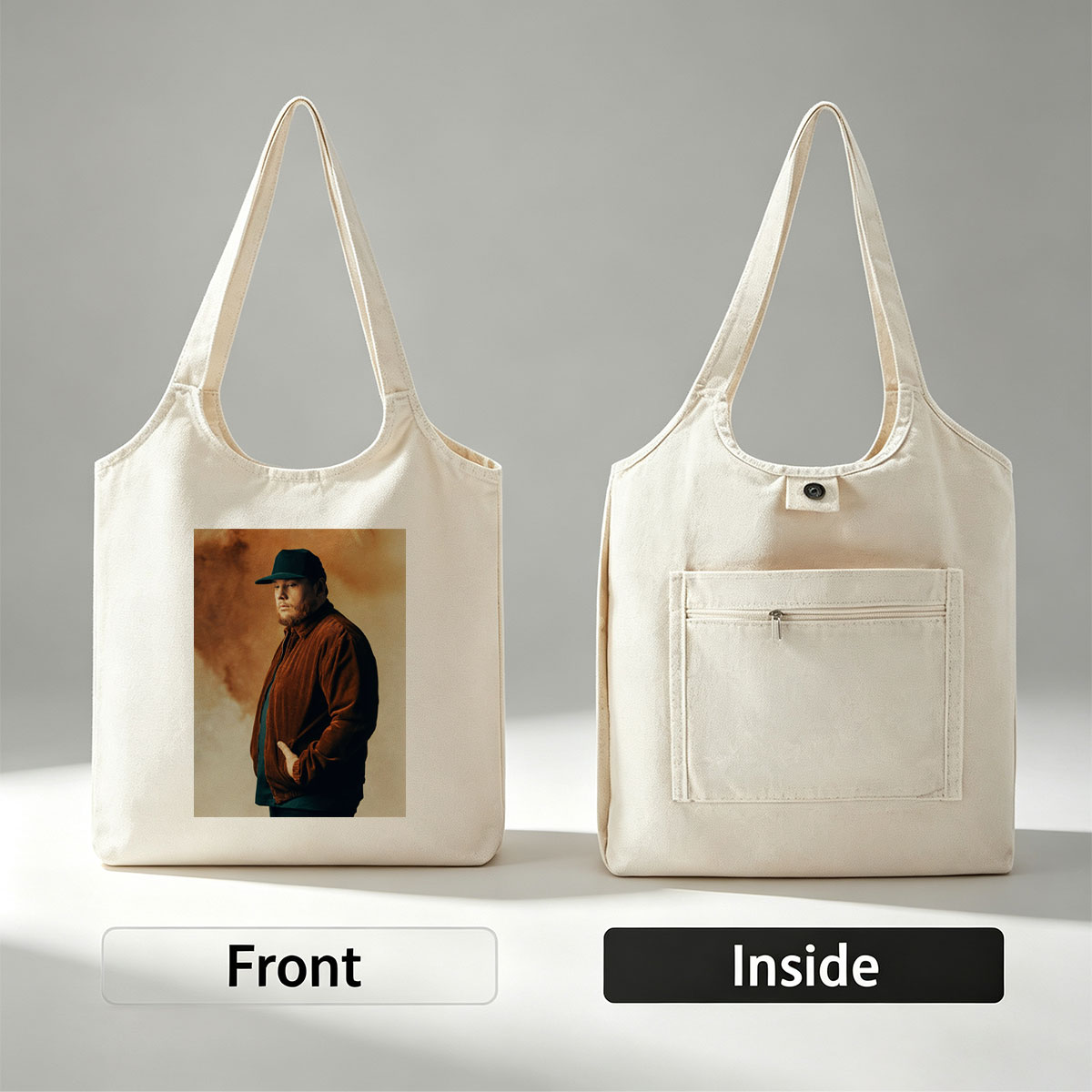 Luke Combs in a Studio Portrait Wearing a Brown Corduroy Jacket and Black Cap - Canvas shoulder bags/