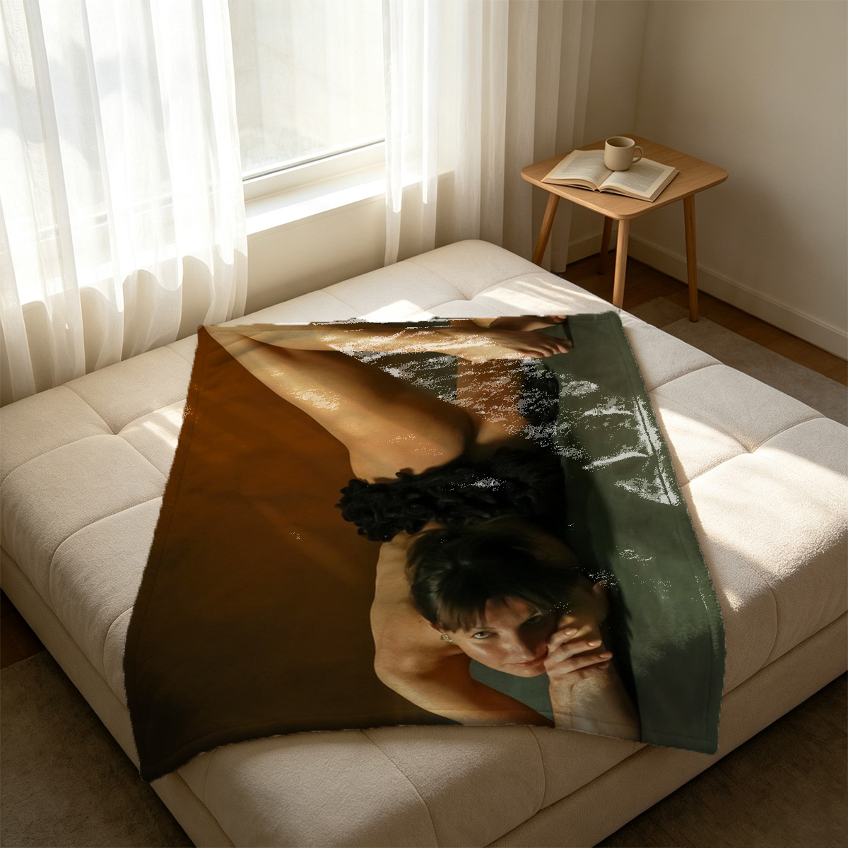 Nude Japanese model curled up in a white bathtub. - Blanket