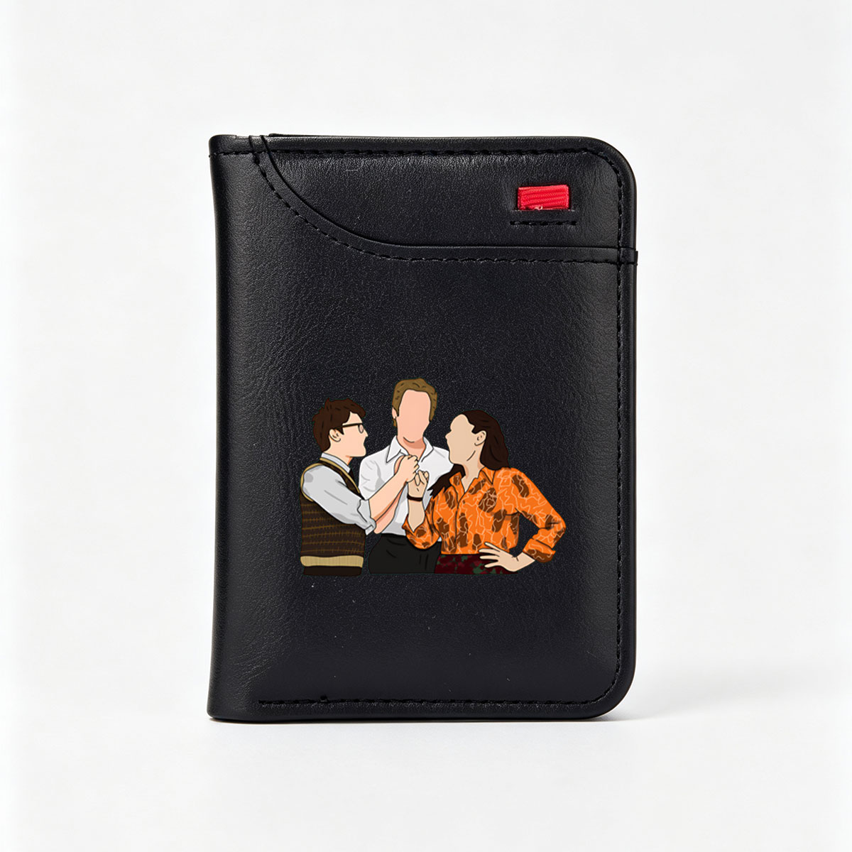 Three Characters in a Tense Interaction: Man in Vest, Central Figure, and Woman in Orange Shirt - Vertical Style Wallet